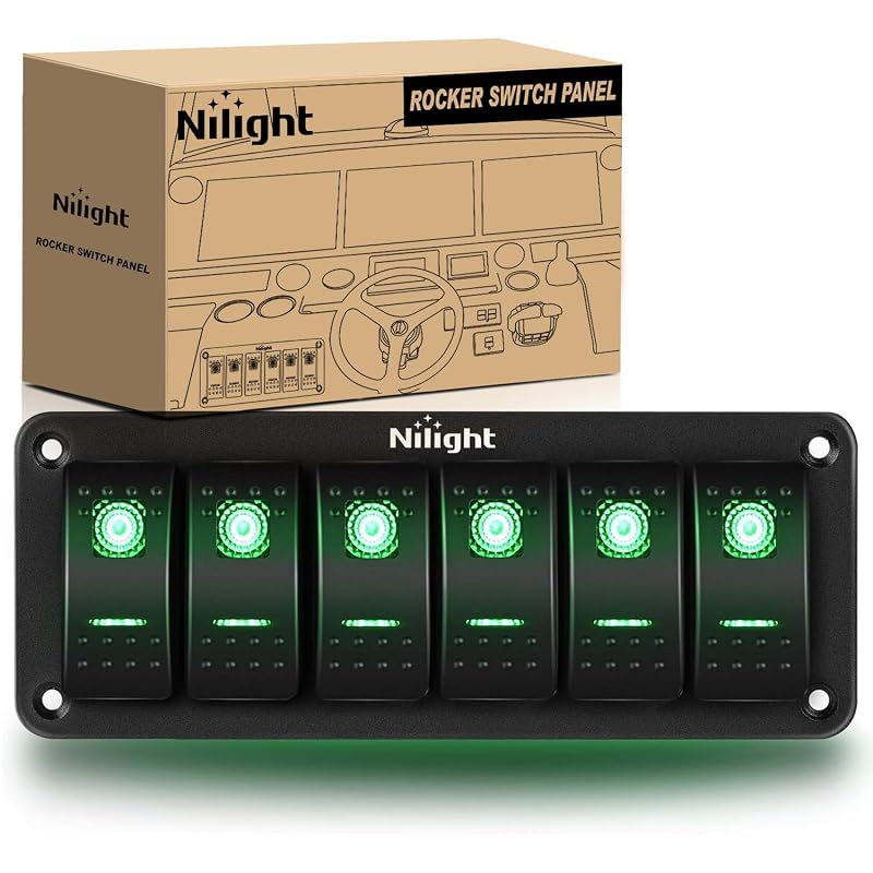 Painel com 6 interruptores rocker Nilight SPST liga/desliga, 5 pinos, LED verde para 12 V/24 V