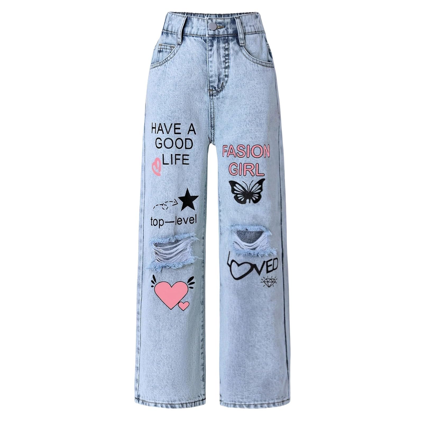 Jeans per Ragazze, Pantaloni Larghi in Denim a Gamba Larga, Vita Alta Elasticizzata, Pantaloni con Fiocco Carini, Casual, Abbigliamento da Strada per bambini8