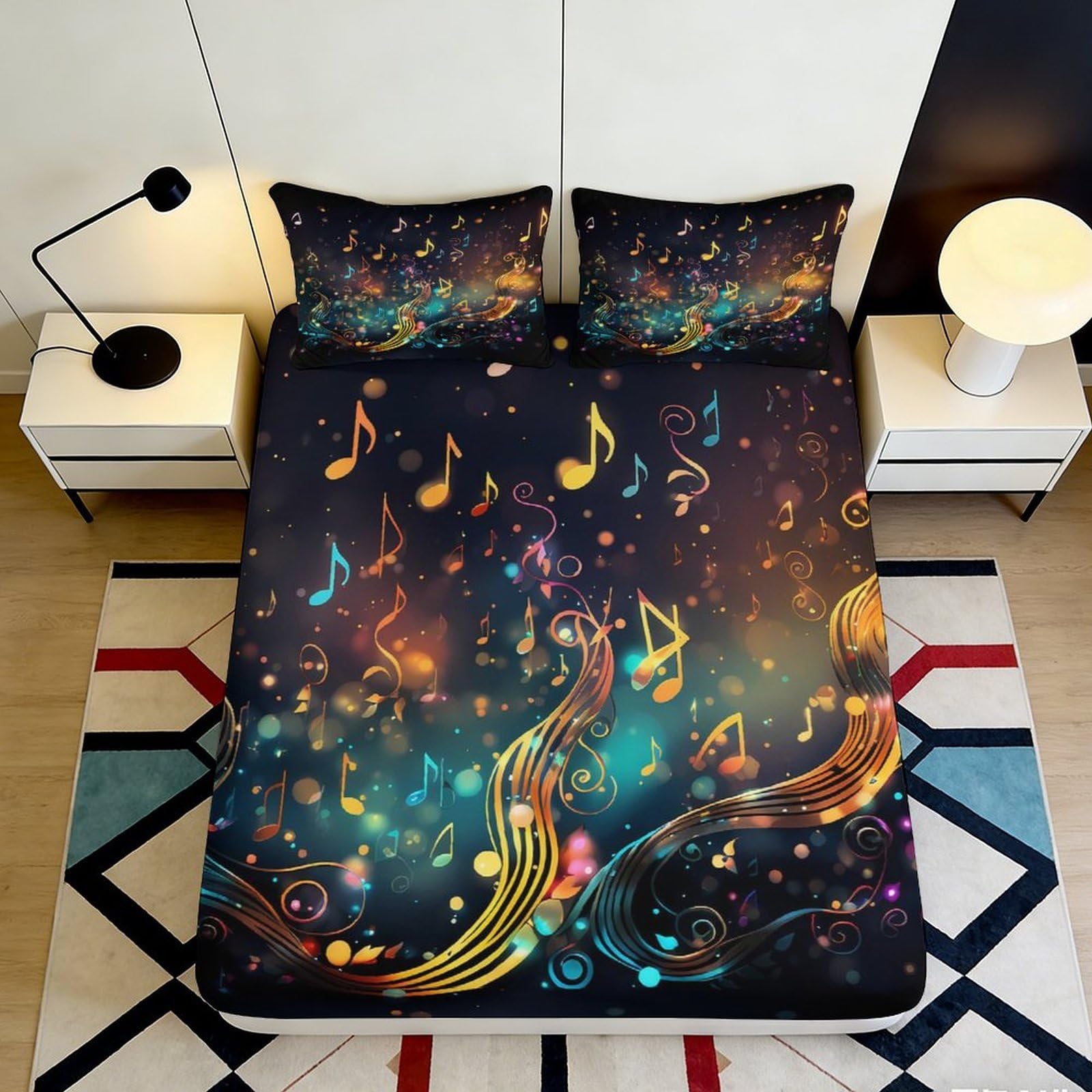 3D Printed Music Notes Fitted Sheet Microfiber Soft Breathable Colorful Melody Bed Cover for Bedroom Dorm Decor 90x200x25cm