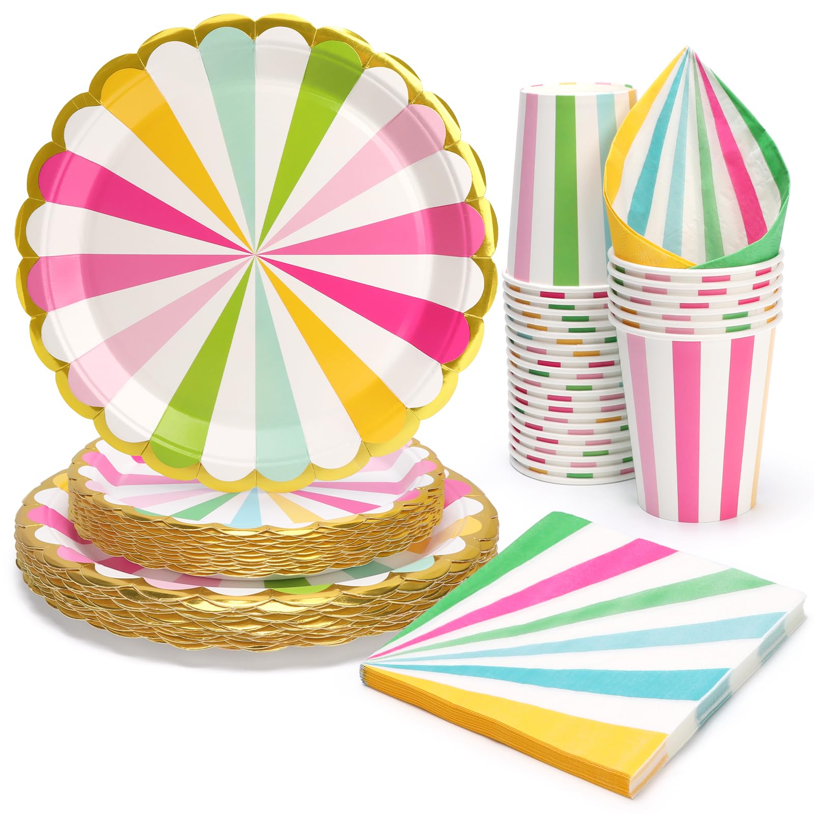 96 Pezzi Stoviglie per Feste Per 24 Ospiti Con Piatti Carta Colorati Strisce Usa e Getta di Carta Party Tazze Tovaglioli, Piatti Carta per Compleanno, Nuziale Doccia, Fidanzamento, Matrimonio