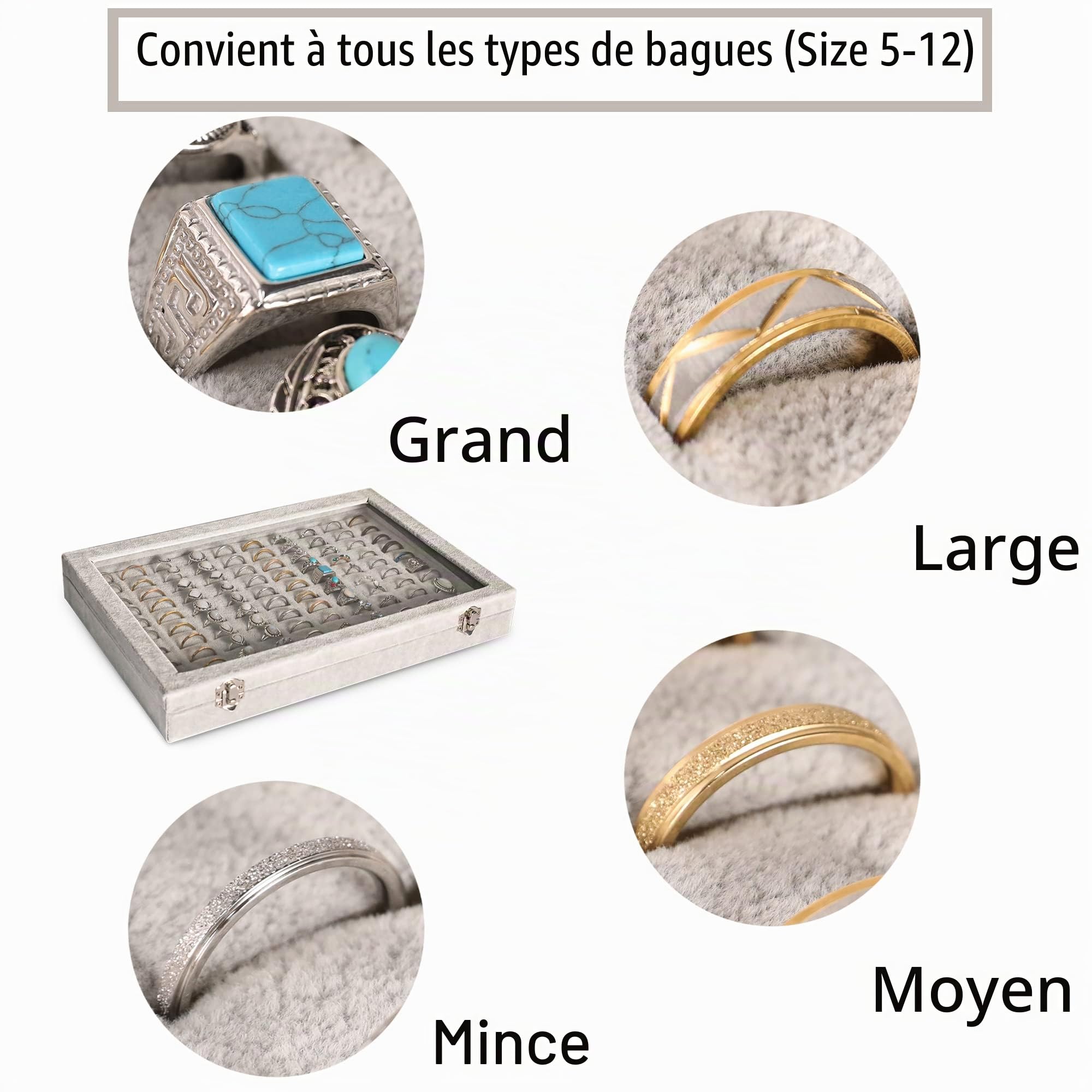 Frebeauty Plateau organisateur pour bagues 100 emplacements Porte-bagues avec couvercle transparent Boîte de rangement en velours Plateau à bijoux pour magasin de bijoux Présentoir pour boucles