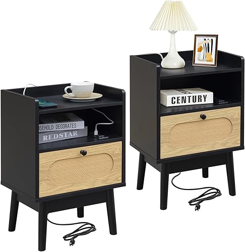 Miniatura 1 de Lomojo - Mesita de noche de ratán con estación de carga, mesita de noche moderna, mesa auxiliar bohemia de madera, mesa pequeña de mediados de siglo