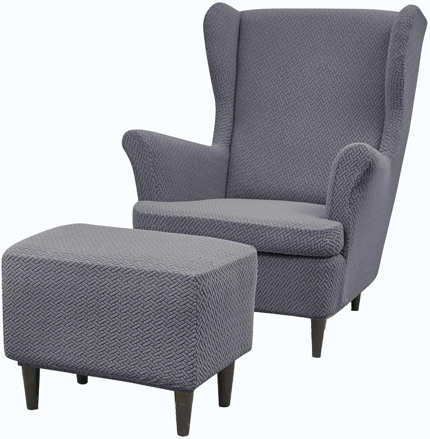 HACLEN Wingback Chair Cover with Ottoman Cover, Jacquard Wingback Chair Slipcover with Cushion Cover Stretch Washable Wing Chair Cover (Dark gray,one size)