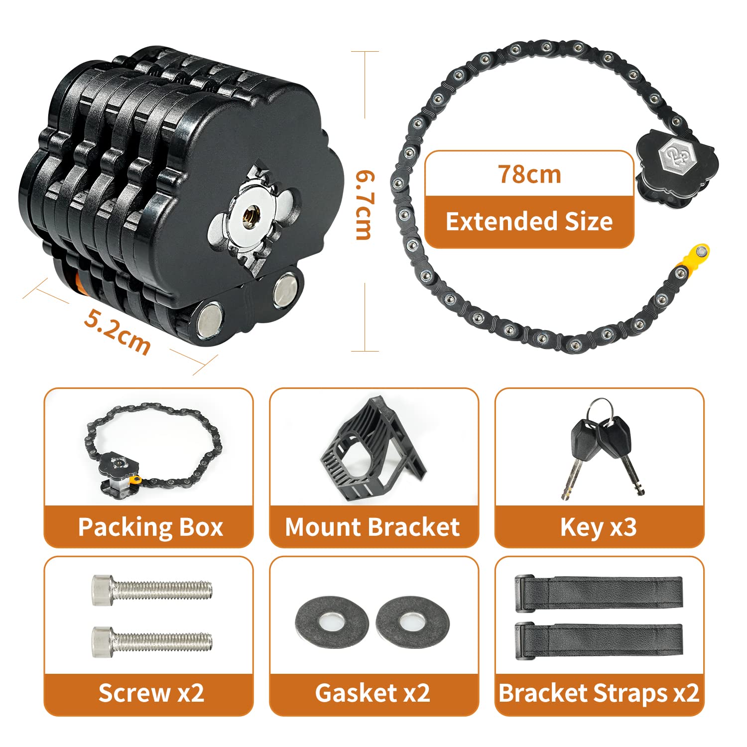 Candado de Cadena Plegable con Alto Nivel de Seguridad, 83cm, con Soporte y 2 Llaves, Cerradura E Scooter para Bicicleta de Montaña o de Carretera, BMX/MTB (Negro)