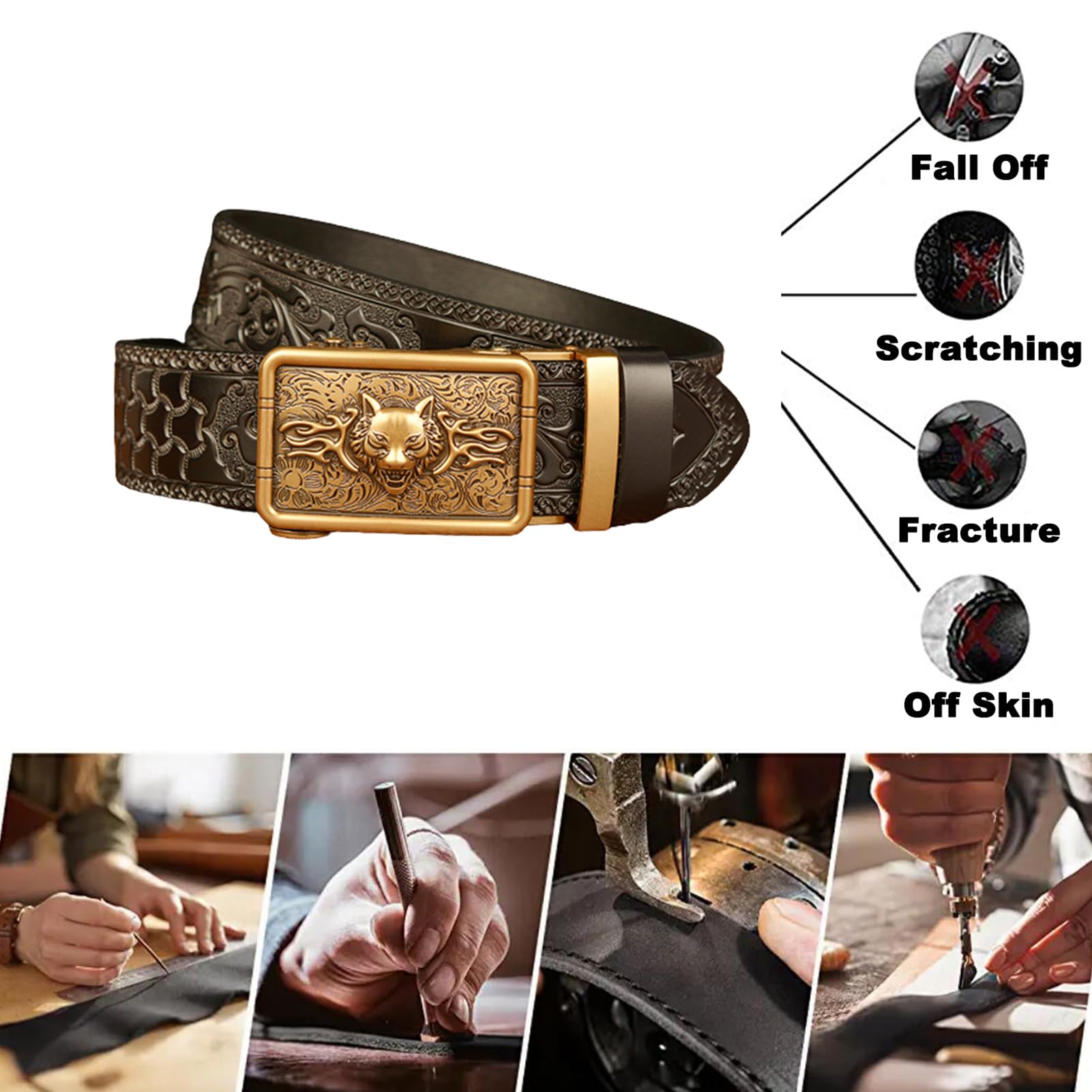 Cinturón De Trinquete Deslizante Filigrana Lobo Dorado Grabado En Relieve Cuero Hebilla Automática Hecha A Mano Ocio Ajustable 120 Cm Se Adapta A Cinturas 40 "-42" Negro