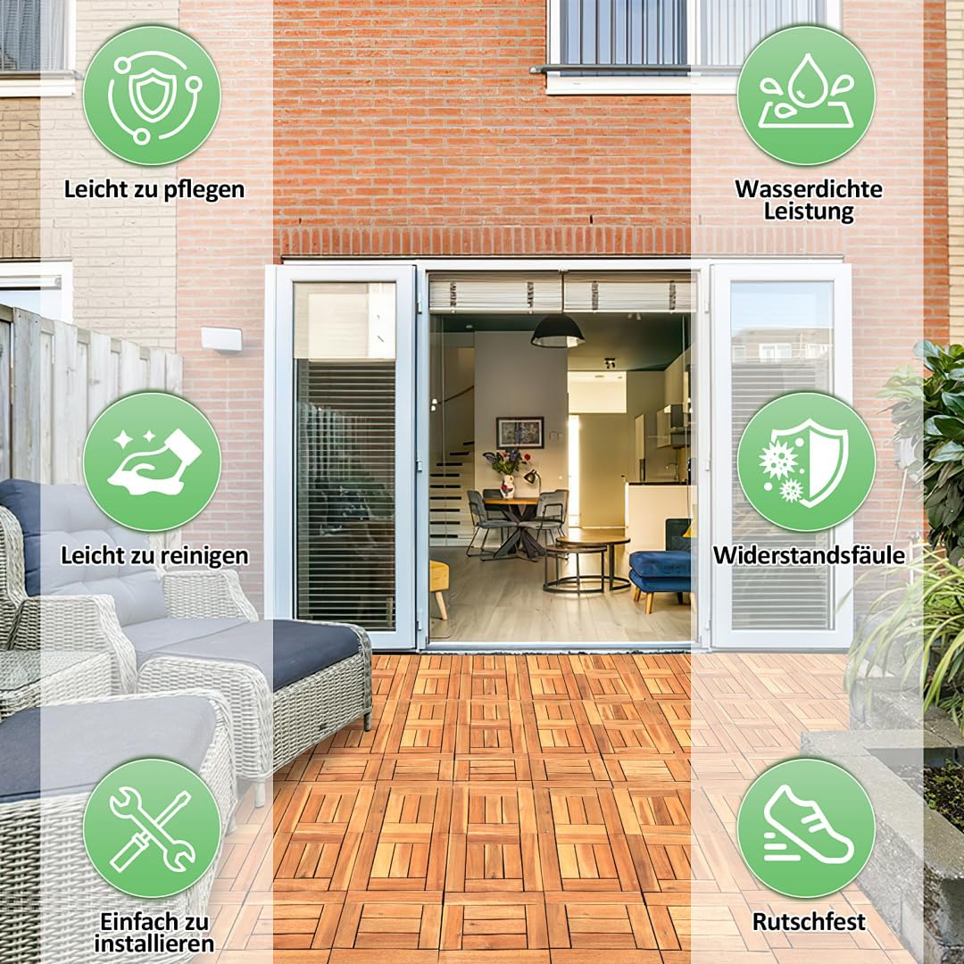 Piastrelle in legno per terrazze, piastrelle per balcone in legno di acacia 30x30 cm con sistema di clic, 7 doghe, 11 pezzi (1 m²), rivestimento per esterni resistente agli agenti atmosferici