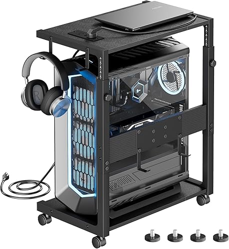 JANE EYRE Soporte de torre para computadora, soporte ajustable para torre de PC, carrito con estación de carga para oficina, hogar, aula, 23.03-28.3