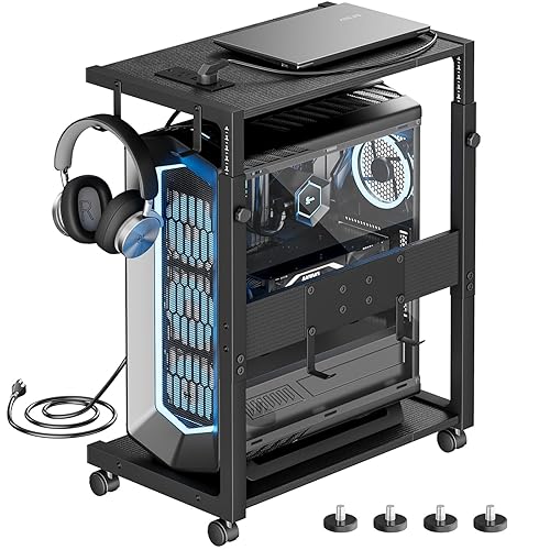 JANE EYRE Computer Tower Stand - Adjustable PC Tower Stand CPU Holder Cart with Charging Station for Office Home Classroom,23.03"-28.3" H, black