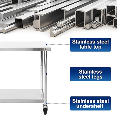 Miniatura 4 de ELSKHUGI Mesa de acero inoxidable para preparación y trabajo, 36 x 24 pulgadas con ruedas giratorias, mesa comercial de metal resistente con estante