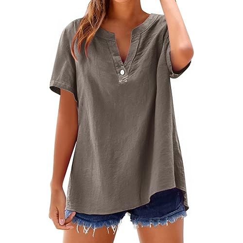 Summer Tops for Women 2025 Casual Cotton Linen Shirts Short Sleeve Solid Color Blouses Loose Work Tops with Pockets