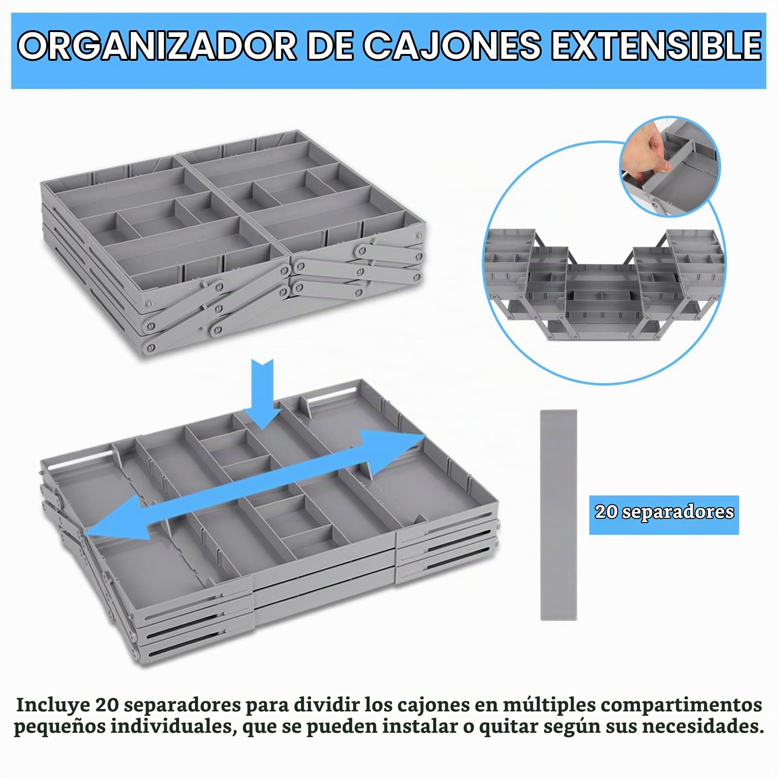 Organizador de Cajones de 3 Niveles, Cajón de Almacenamiento Extensible Bandejas Organizadoras de Cajones Extensibles Ajustables para Cubiertos, Cosméticos, Cajones de Oficina (Fila Doble)