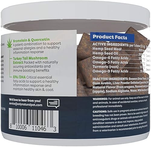 Miniatura 9 de Only Natural Pet Alergia, piel y pelaje masticables suaves de cáñamo, mordeduras inmunitarias para perros, suplemento Omega 3, golosinas calmantes