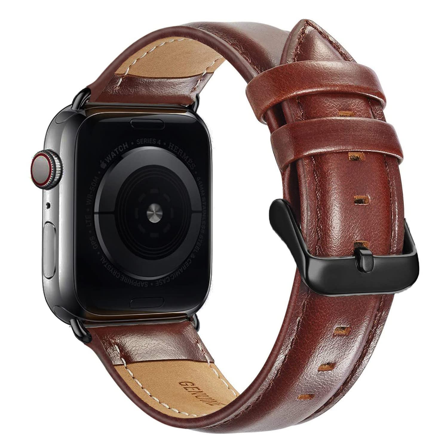 Compatible Apple Watch Band 42mm 44mm, MAPUCE Genuine Leather Bands with Stainless Metal Buckle Replacement Strap Compatible iWatch Series 4 &3&2&1with Black Adapter, Dark Brown,Men