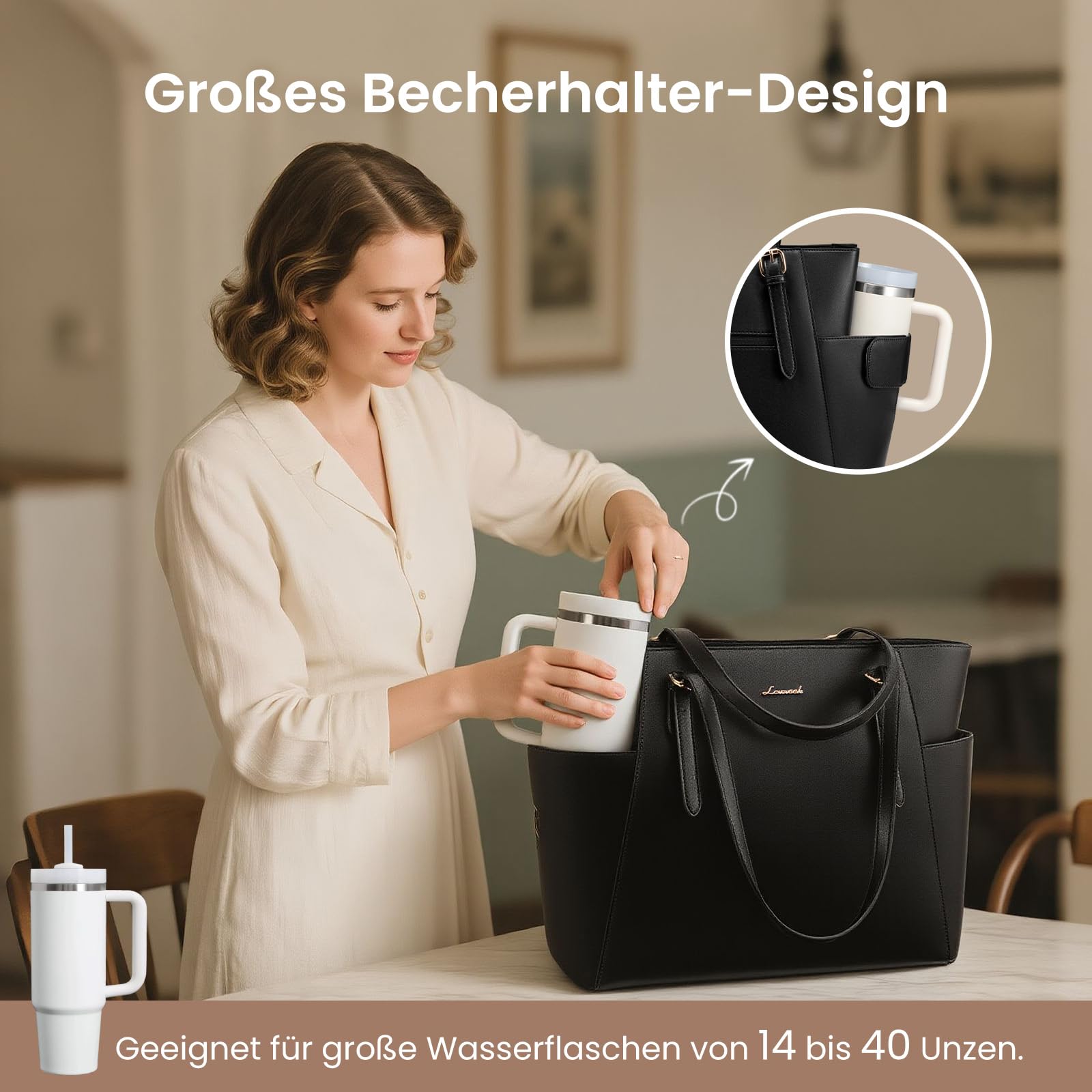 LOVEVOOK Handtasche Damen Groß, PU Leder Arbeitstasche, Laptoptasche, Große Wasserflaschen-Tasche Außen, Lehrertasche, Aktentasche, Stylische Shopper Tasche für Uni, Business, Büro und Reise