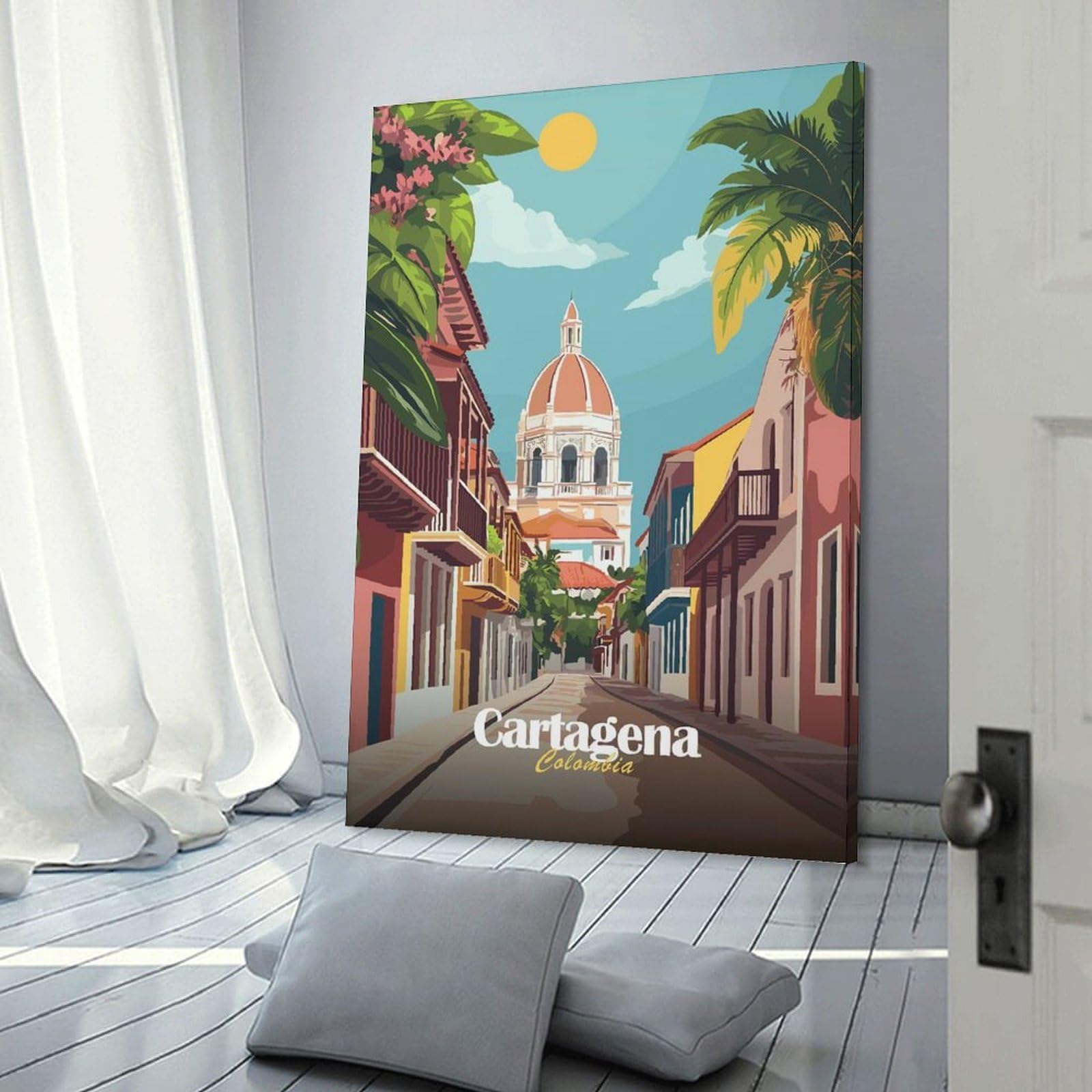 Junmoney Cartagena, Colombia Street Scene Canvas Wall Decor 08x12inch(20x30cm), for Workspace Walls, Study Corners Or Bedrooms, Decorative Artwork for Productive Spaces