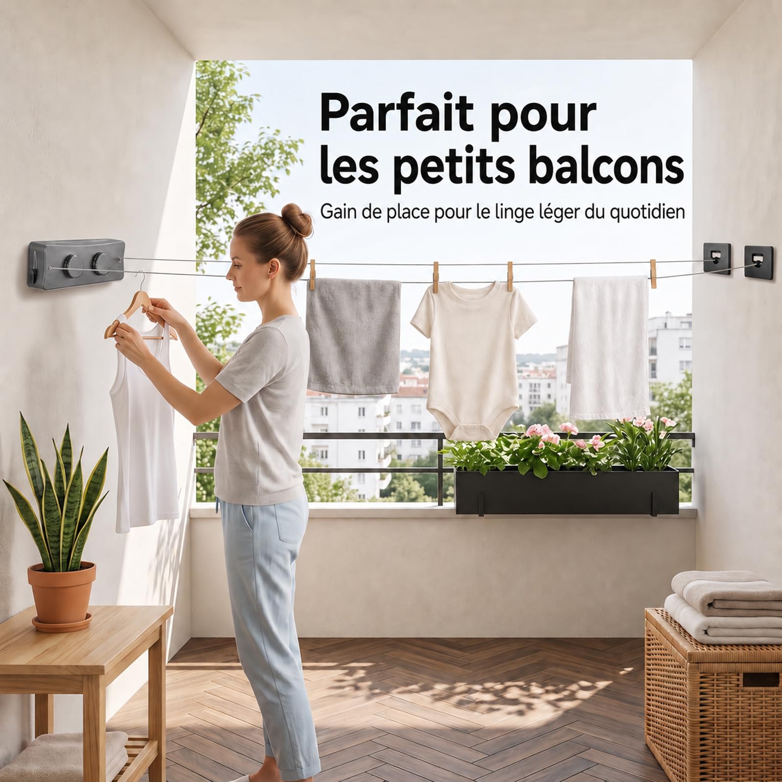 Corde à Linge Rétractable Murale 2 x 5 m avec Tendeur Intégré