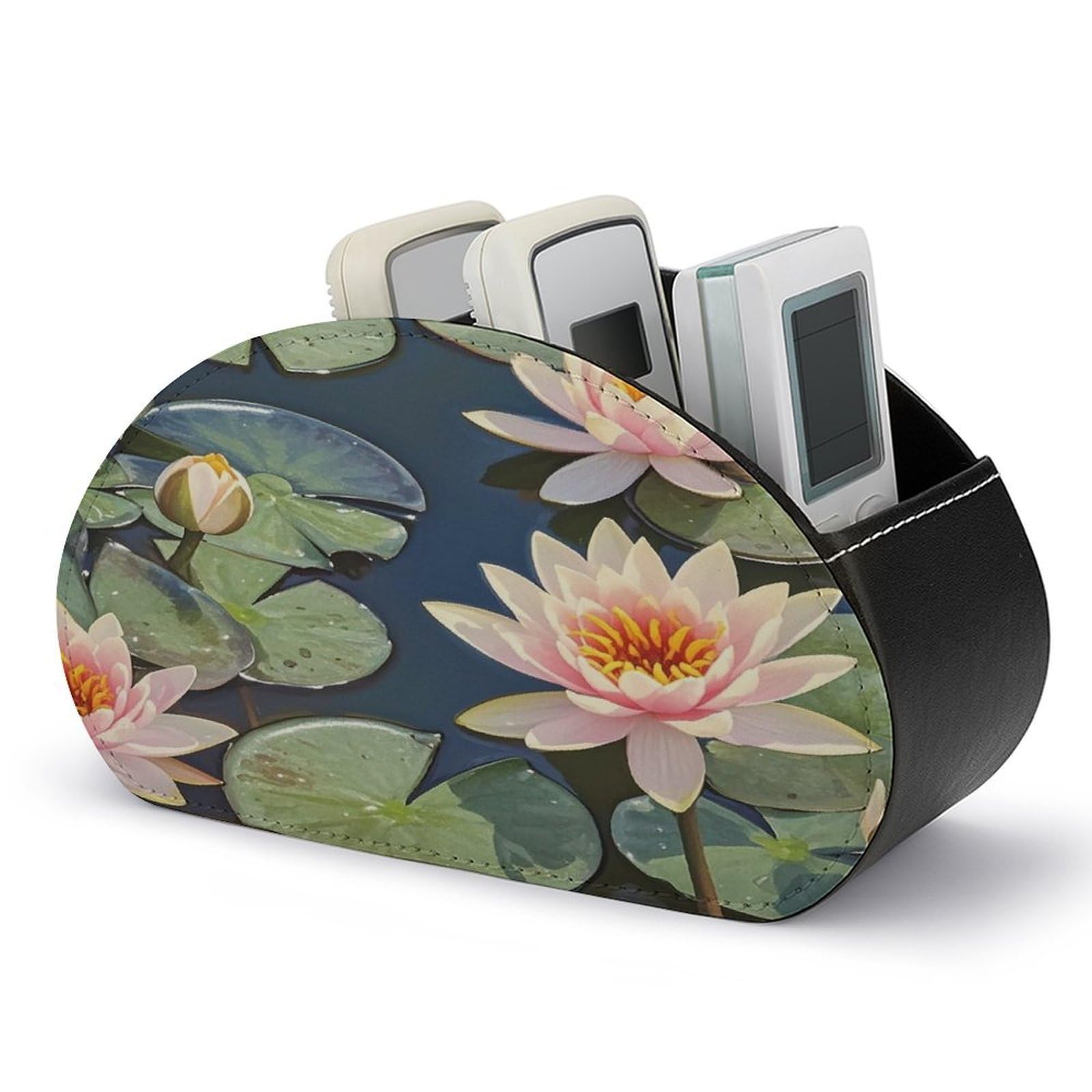 LZQPOEAS Peach Water Lily Painting Remote Control Holder with 5 Compartments PU Leather Remote Organizer Box Caddy for Table Nightstand Remote Caddy Desktop Organizer Fits Media Controllers
