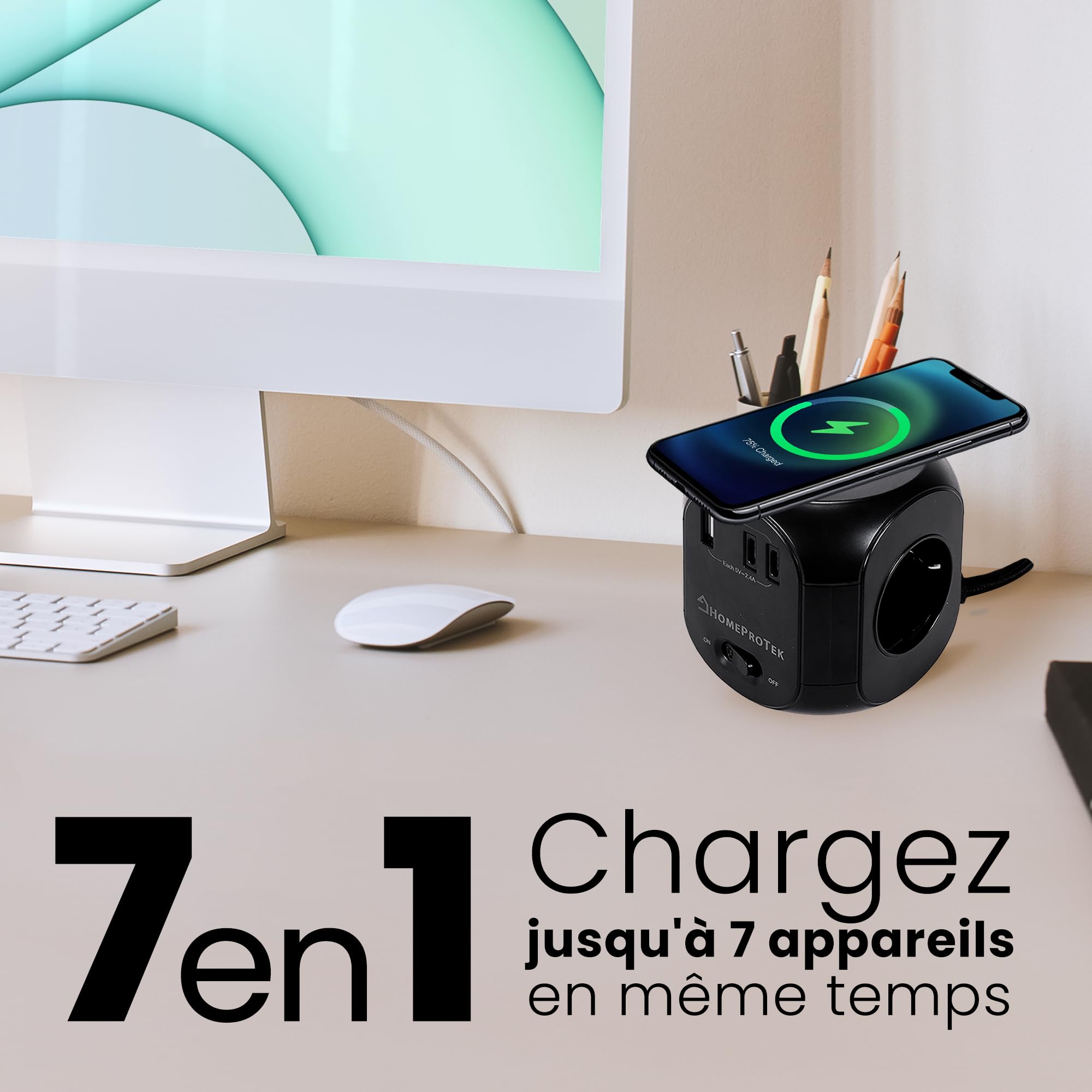 HomeProtek Multiprise Cube 3 Prises, USB-A, 2 USB-C, Noir | Chargeur sans fil et interrupteur; rallonge multiprise pour maison ou bureau