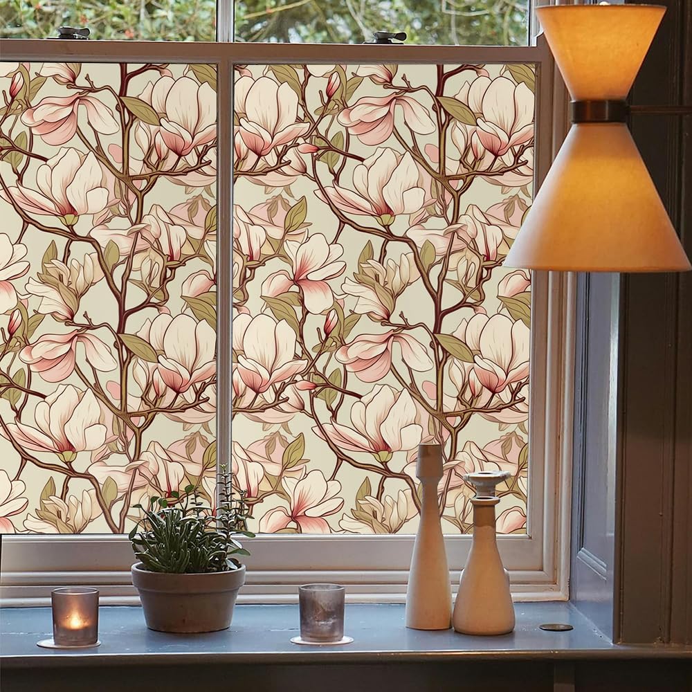 Boho Beige Magnolia Flower 16“x118 Window Films Decorative Window Privacy Film Self-Adhesive Static Glass Window Clings Stickers for Living Room Bathroom Glass Windows Decor