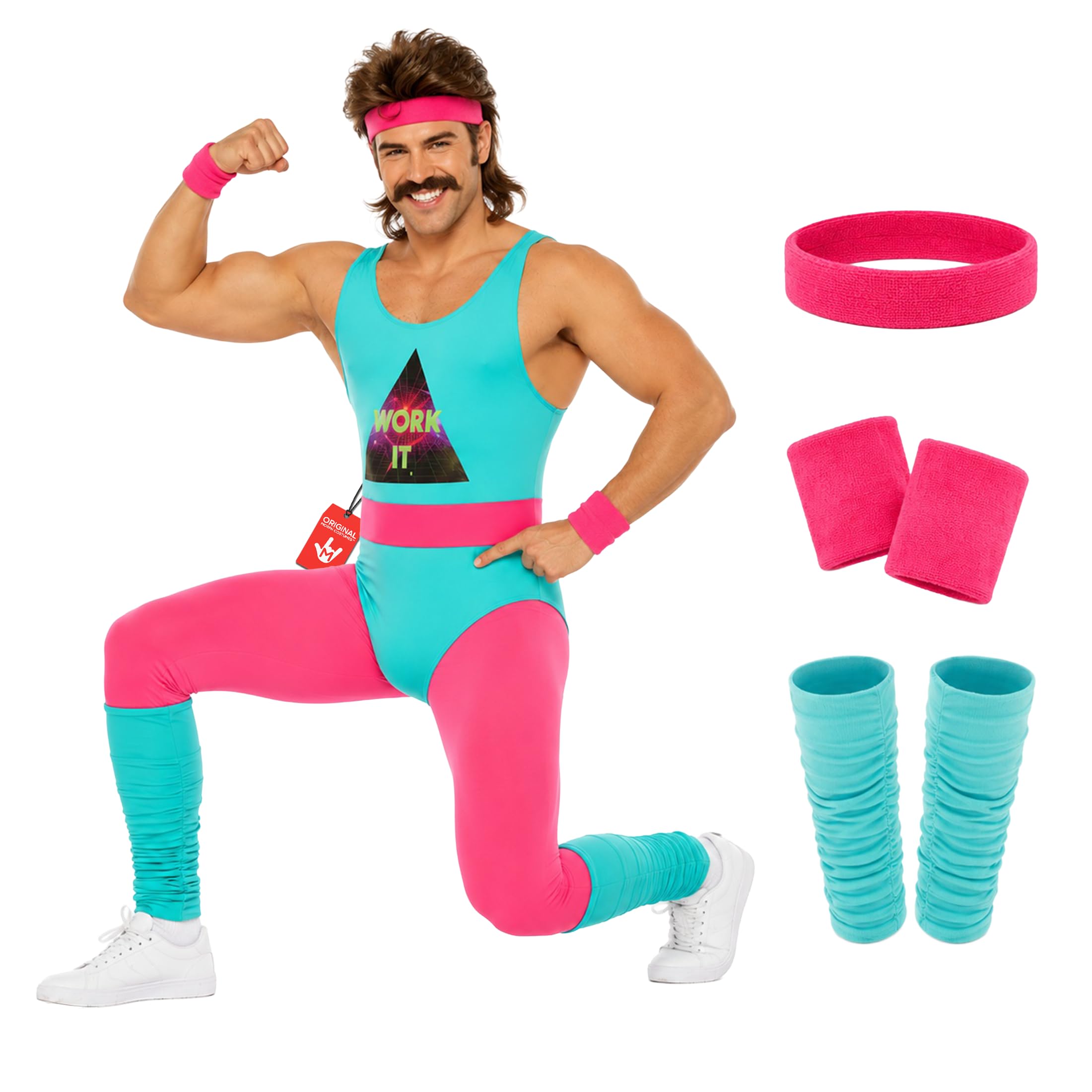 Fun Shack Strój Instruktora Fitness z Lat 80. Niebieski Trykot Aerobik Ocieplacze Opaska dla Mężczyzn