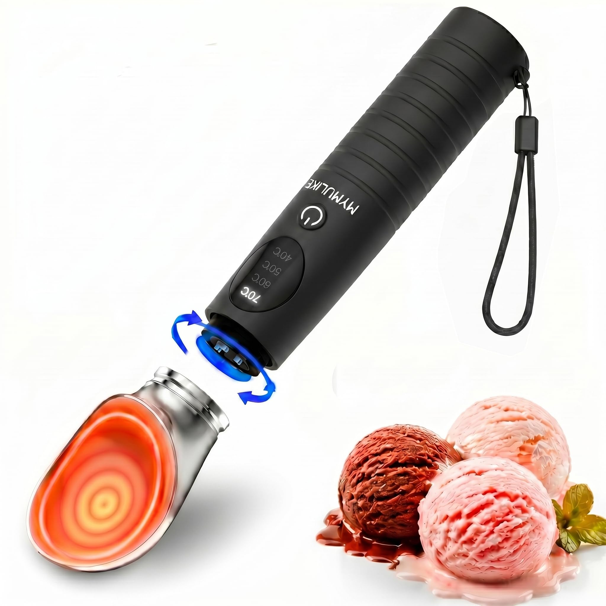 MYMULIKE Cuillère à glace chauffante en acier inoxydable, 4 températures (40-70 °C), cuillère à glace réglable, cuillère à glace rechargeable à chauffage rapide 30 secondes, arrêt automatique en 3