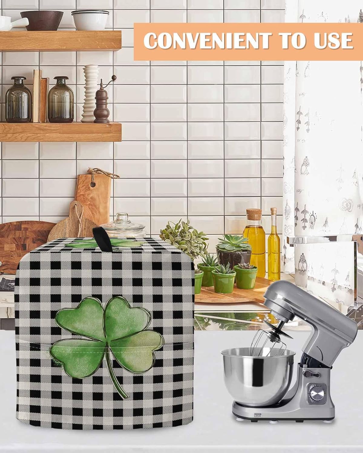St. Patrick's Day Stand Mixer Cover with Storage Pocket, Waterproof Kitchen Mixer Covers, Shamrock Leaves Black White Plaid Retro Kitchen Appliance Dust Cover Compatible with 4/4.5 Quart Mixers
