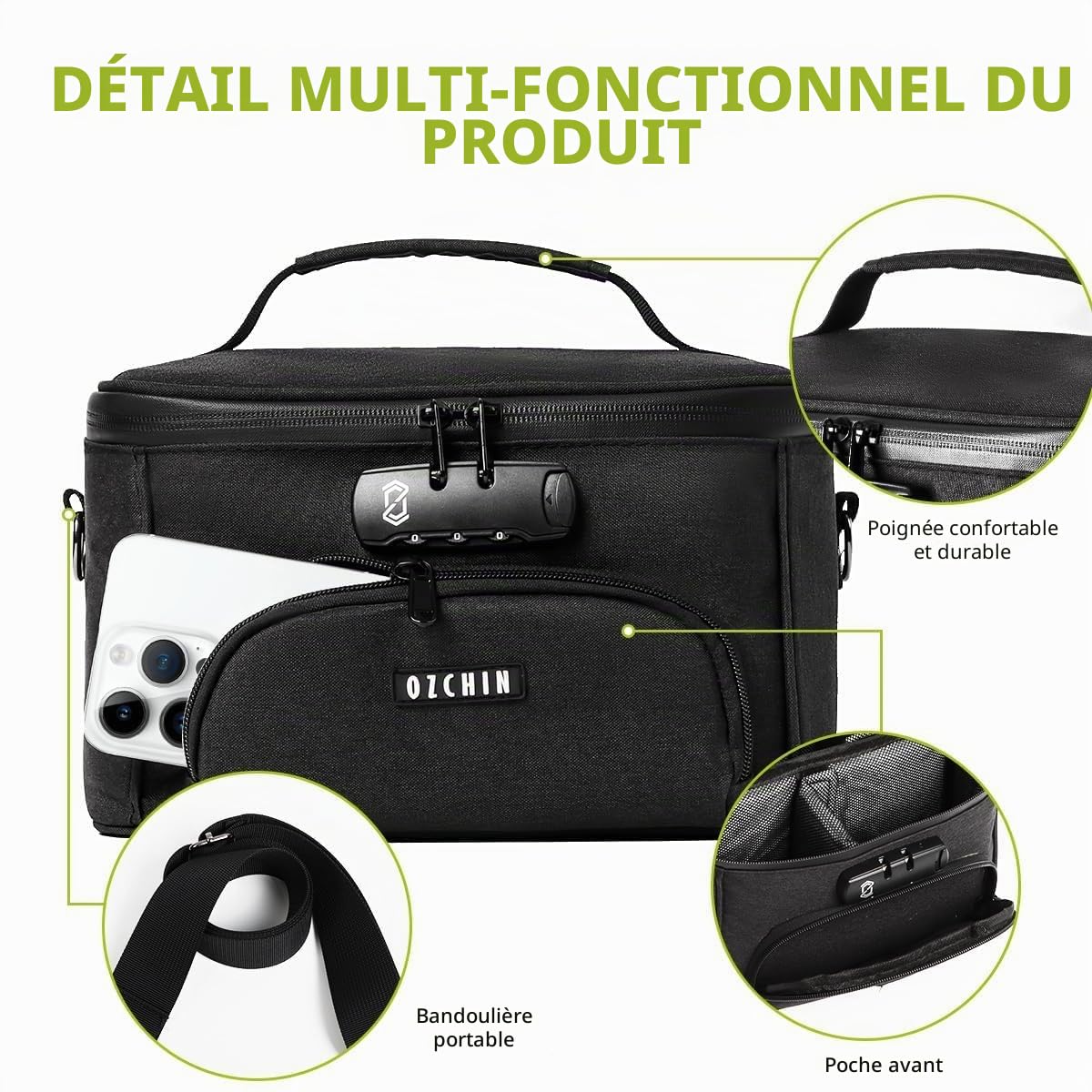OZCHIN Sac anti-odeurs avec serrure à combinaison, boîte anti-odeurs, accessoires de fumage en fibre de carbone activé, récipient anti-odeurs, excellent cadeau pour la fête des pères, sac anti-odeurs