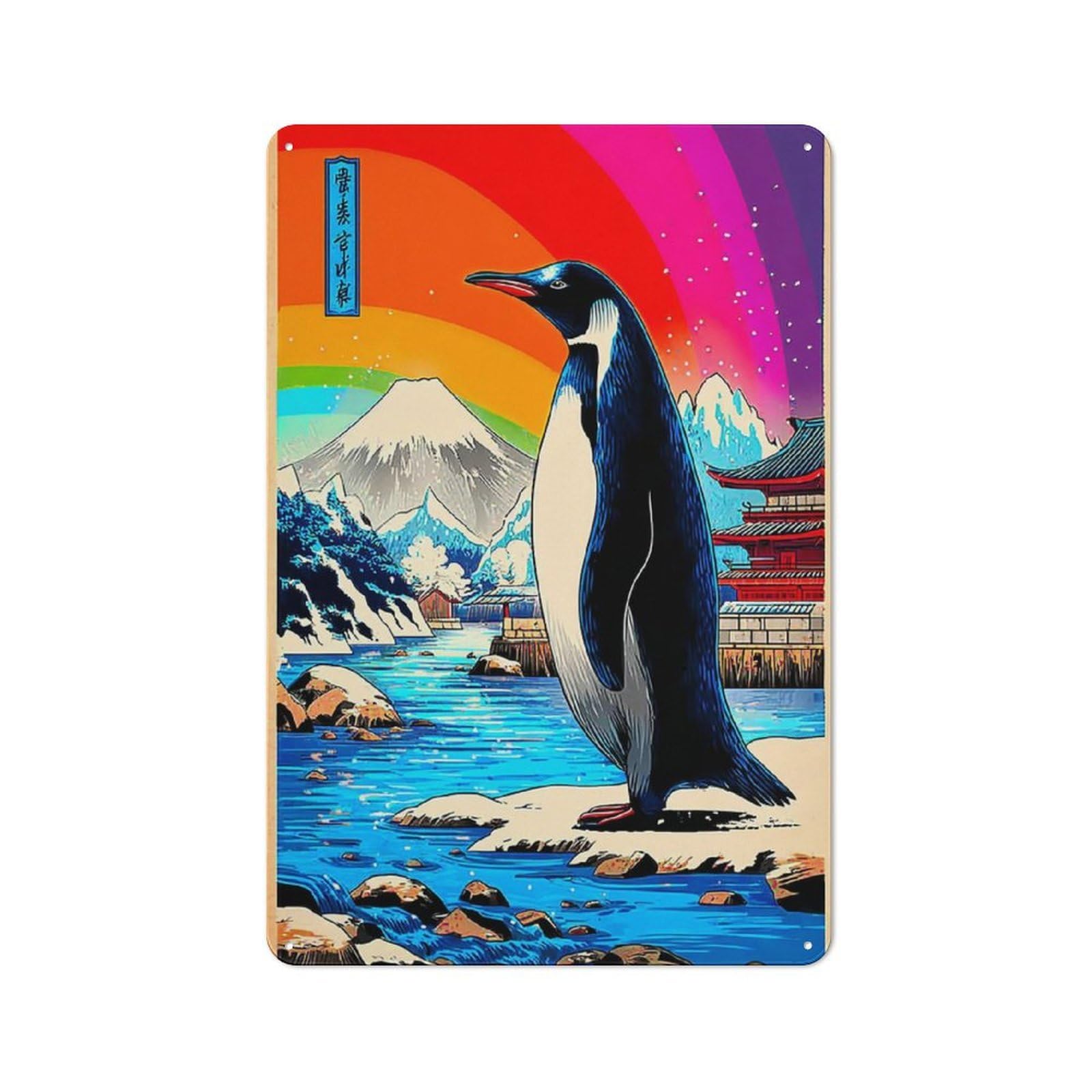 Junmoney Penguin In Japanese Landscape -2 Rustic Tin Sign 30X20cm Featuring For Garage Or Workshop, For Garage, Workshop And Man Cave Decoration