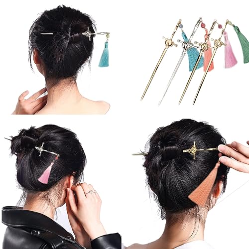 Miniatura 10 de Palillos para el cabello, estilo chino de cómics, espada, palillos para el cabello con borla, gema roja, accesorios para el cabello para mujeres y