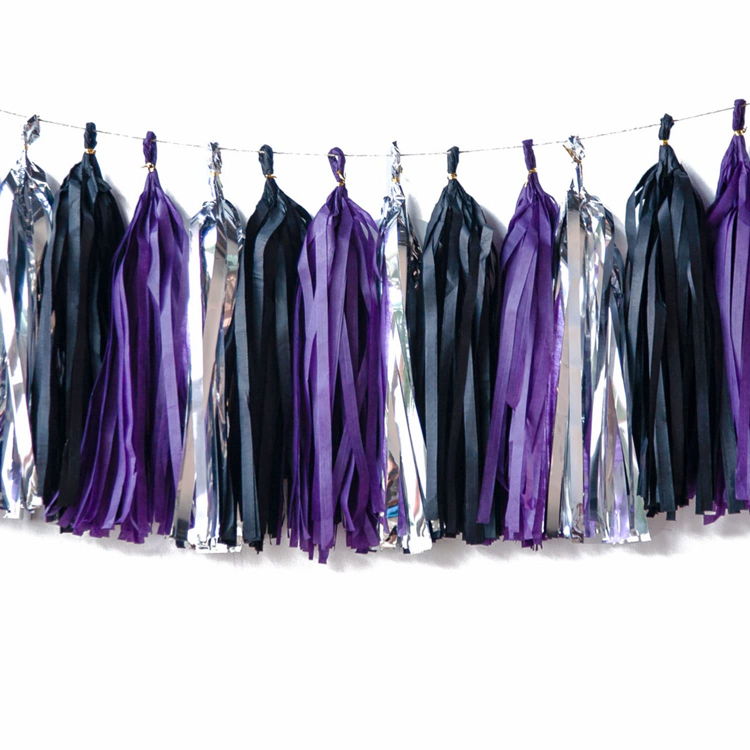 Guirlande de pompons en papier violet noir argenté pour décoration de buffet