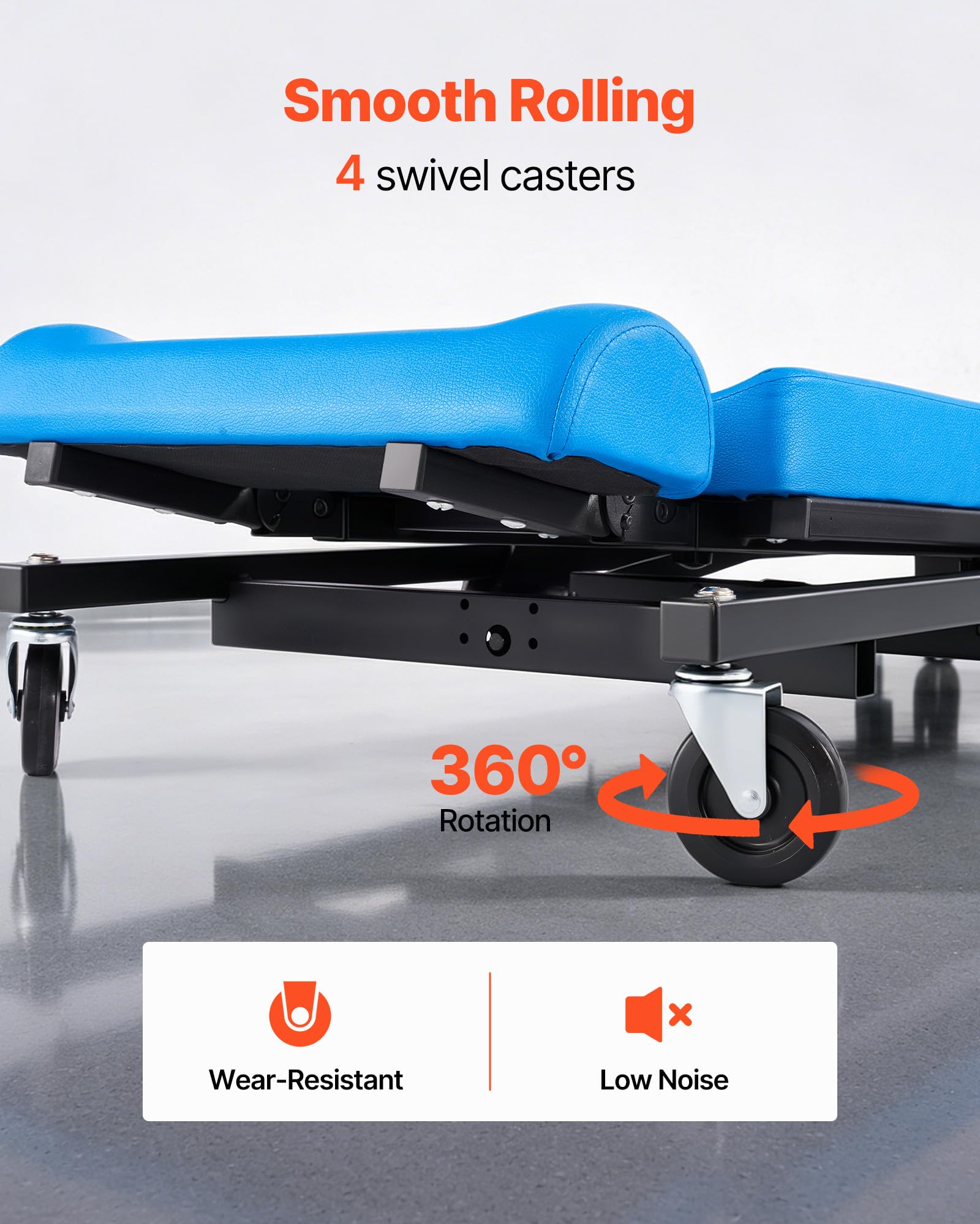 VEVOR Camilla Mecánica para Taller Altura Ajustable de 23-57 cm 4 Ruedas, Marco de Acero al Carbono, Carga de 258 kg, con Respaldo y Reposacabezas Ajustables, para Taller de Reparación de Automóvil