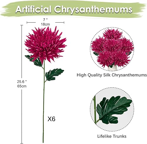Miniatura 2 de Hollyone 6 piezas de flores artificiales de crisantemos morados-rosados de primavera, flores de crisantemo con tallo largo de 25.6 pulgadas, flores