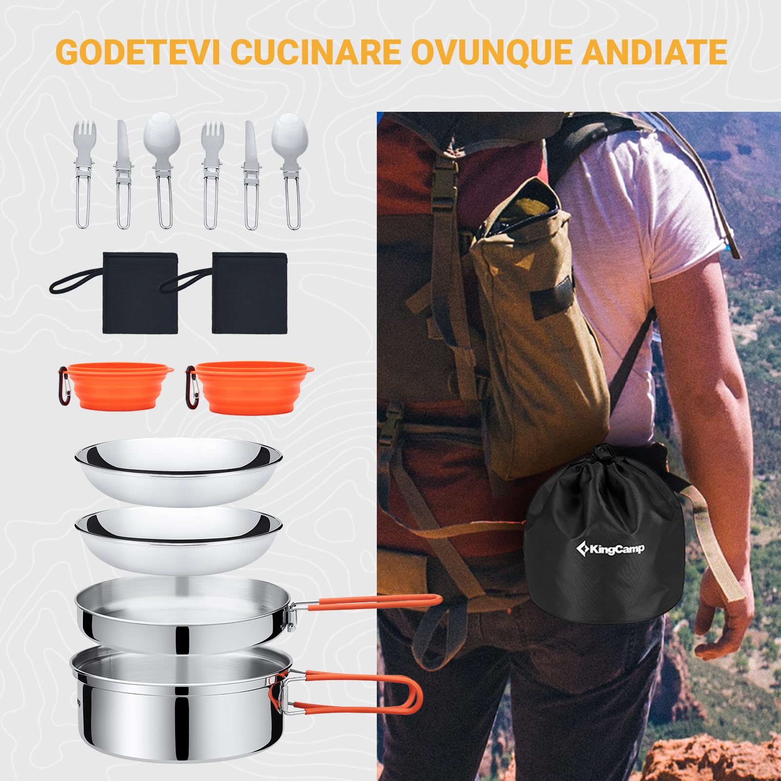 KingCamp Set di pentole da Campeggio, stoviglie da Campeggio in Acciaio Inox, Leggero e Portatile, Include pentola, Padella, Posate, Piatti e Ciotole, Set Pieghevole Ultraleggero