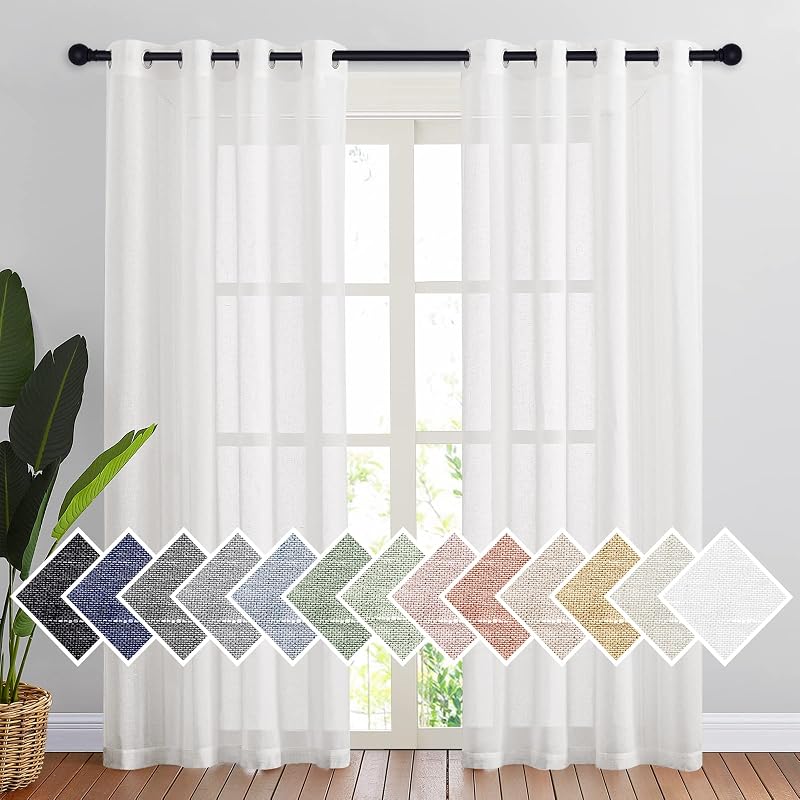 NICETOWN Cortinas de lino transparente blanco para sala de estar, 84 pulgadas de largo, 2 paneles, con ojales, privacidad semitransparente con filtrado de luz, tratamientos de ventana de lino para dormitorio, 52 x 84