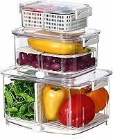 Vista 1 de Felli Duo Fresh Produce Saver for Fridge, Fruit Vegetable Container with Vent & Drainage in Bottom for Wash, Colander Strainer Storage Bin for