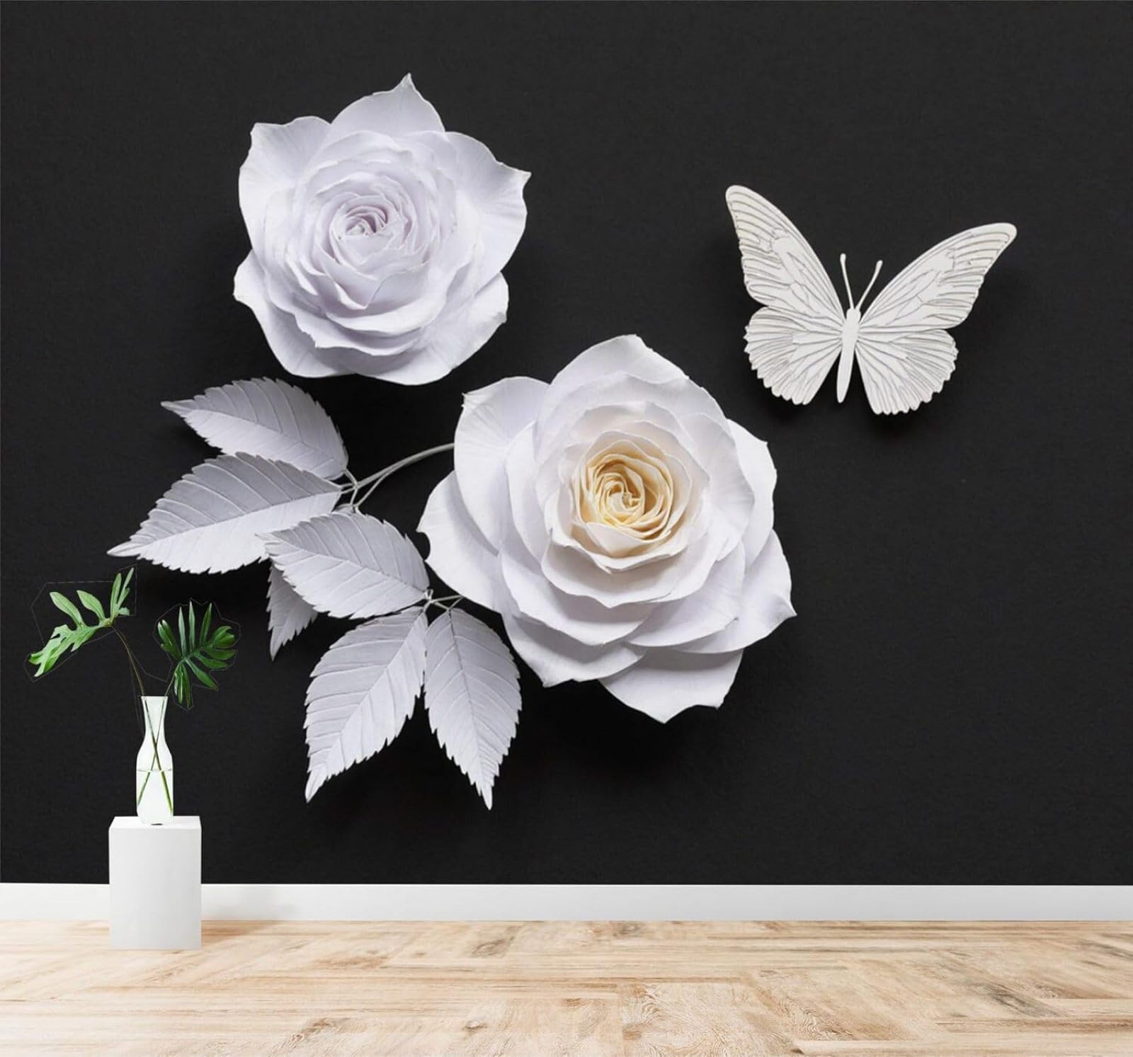XLMING Minimalist Three Dimensional Black Background White Roses Butterflies 3D Wallpaper Silky Texture Home Study Office Grey Dining Room Sofa Bedroom Living Room TV Backdrop-200cm×140cm