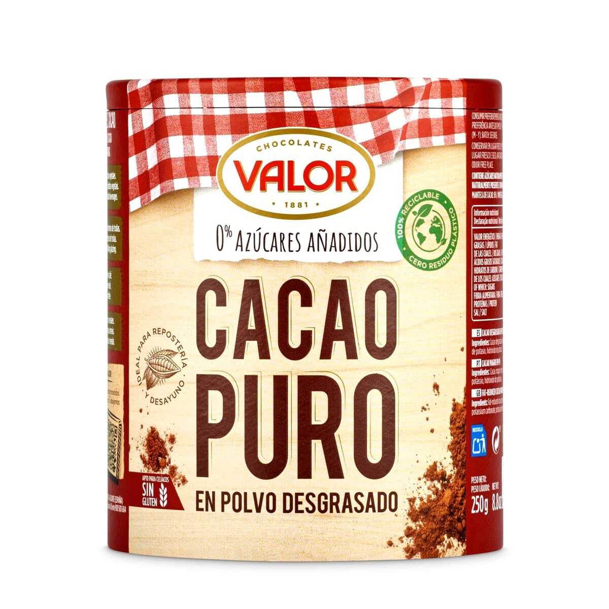 Valor Cacao puro soluble en polvo desgrasado 0% Azúcares añadidos Sin gluten 250 Gramos