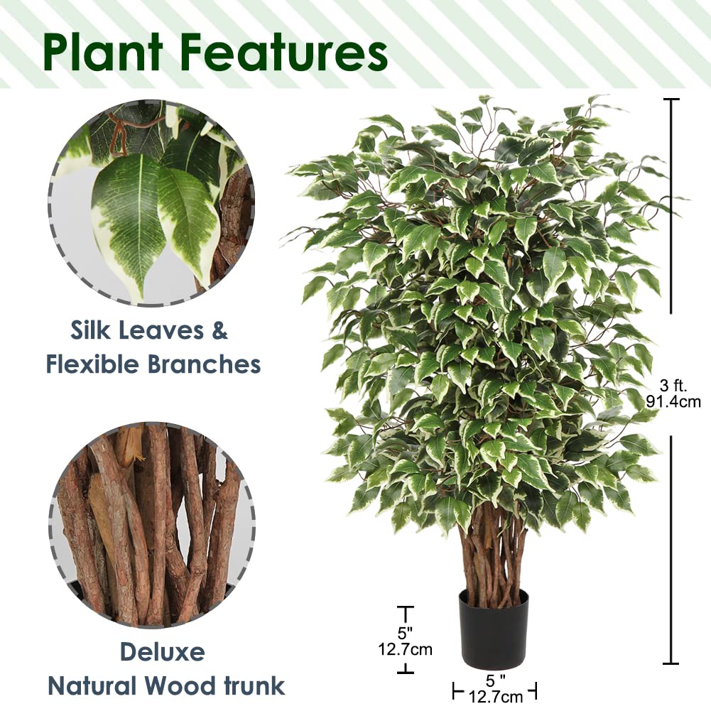 Künstliche Pflanzen Groß Kunstpflanze Benjamini Ficus künstlich Kunstbaum Zimmerpflanze Deko mit Echtholzstamm für Büro Deco Schlafzimmer Esszimmer drinnen Deko draußen 91 cm
