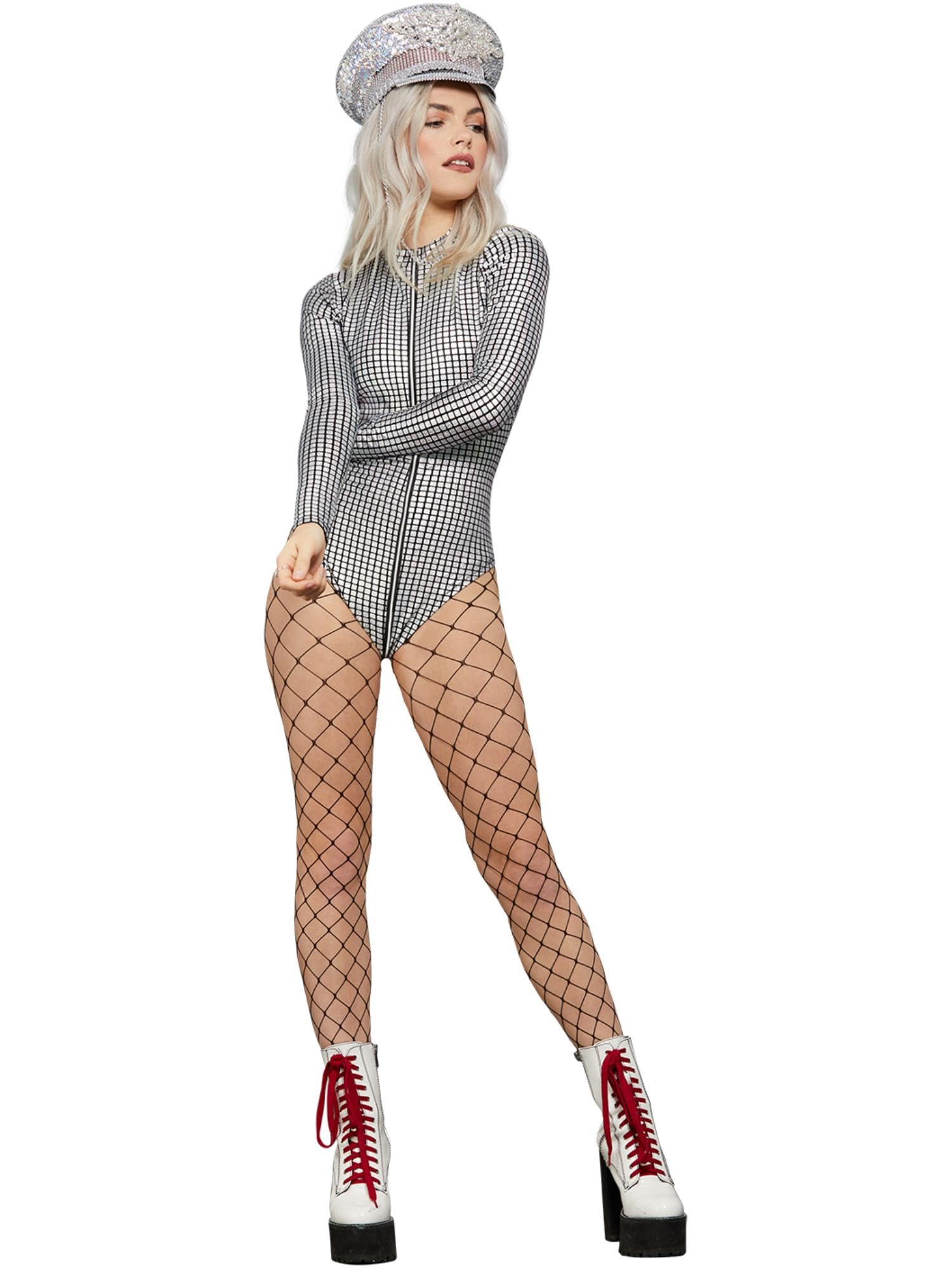 Smiffys Fever Miss Whiplash Disco Holographic Bodysuit Zip-Through, Fever Fancy Dress, Fever Dress Up Costumes, World Book Day