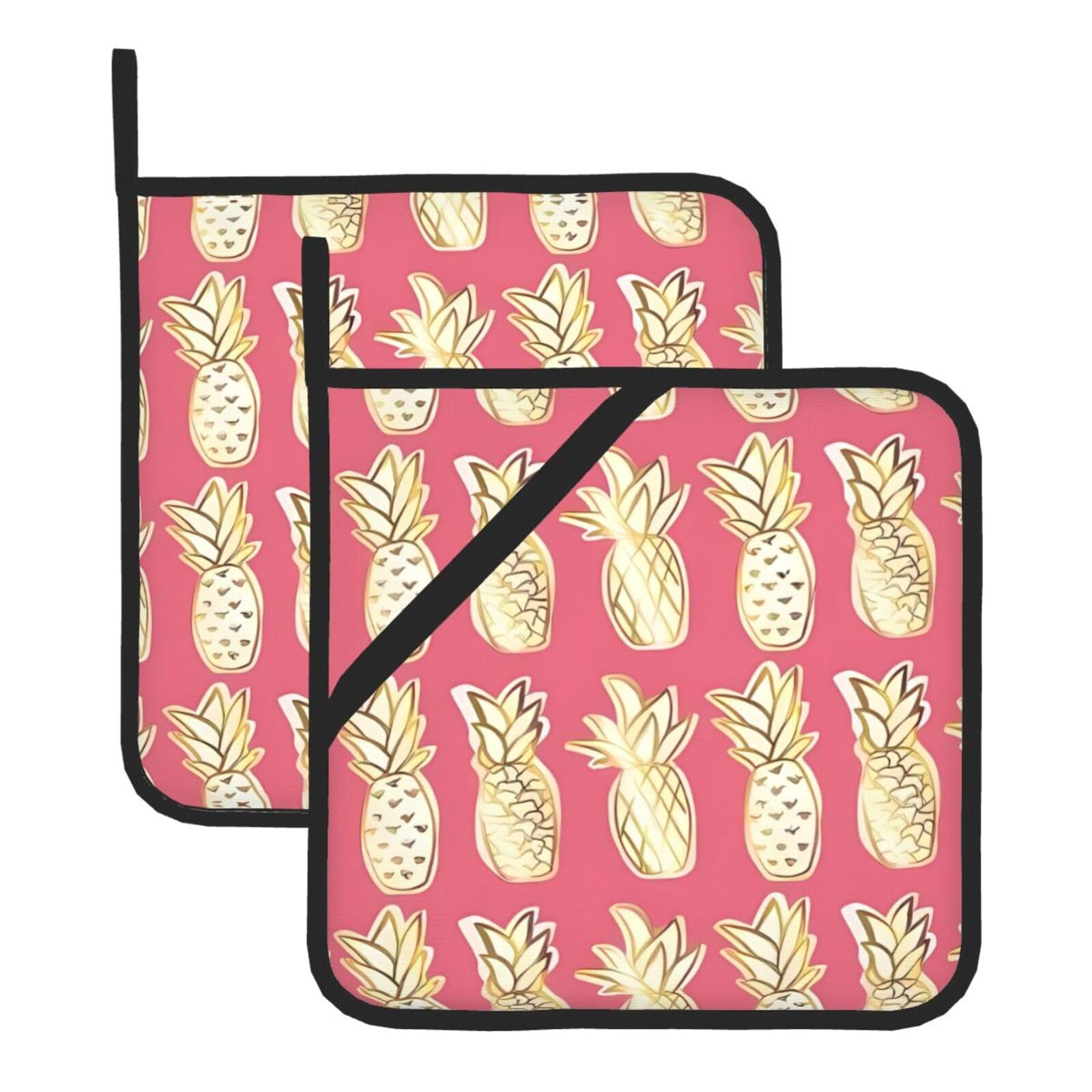HJFCZH Pineapple Prints Square Hot Pads for Kitchen - Waterproof Heat Resistant Potholders, Thick Trivet Covers with Hanging Loops, Oven & Grill Dish Protectors (2-Pack)