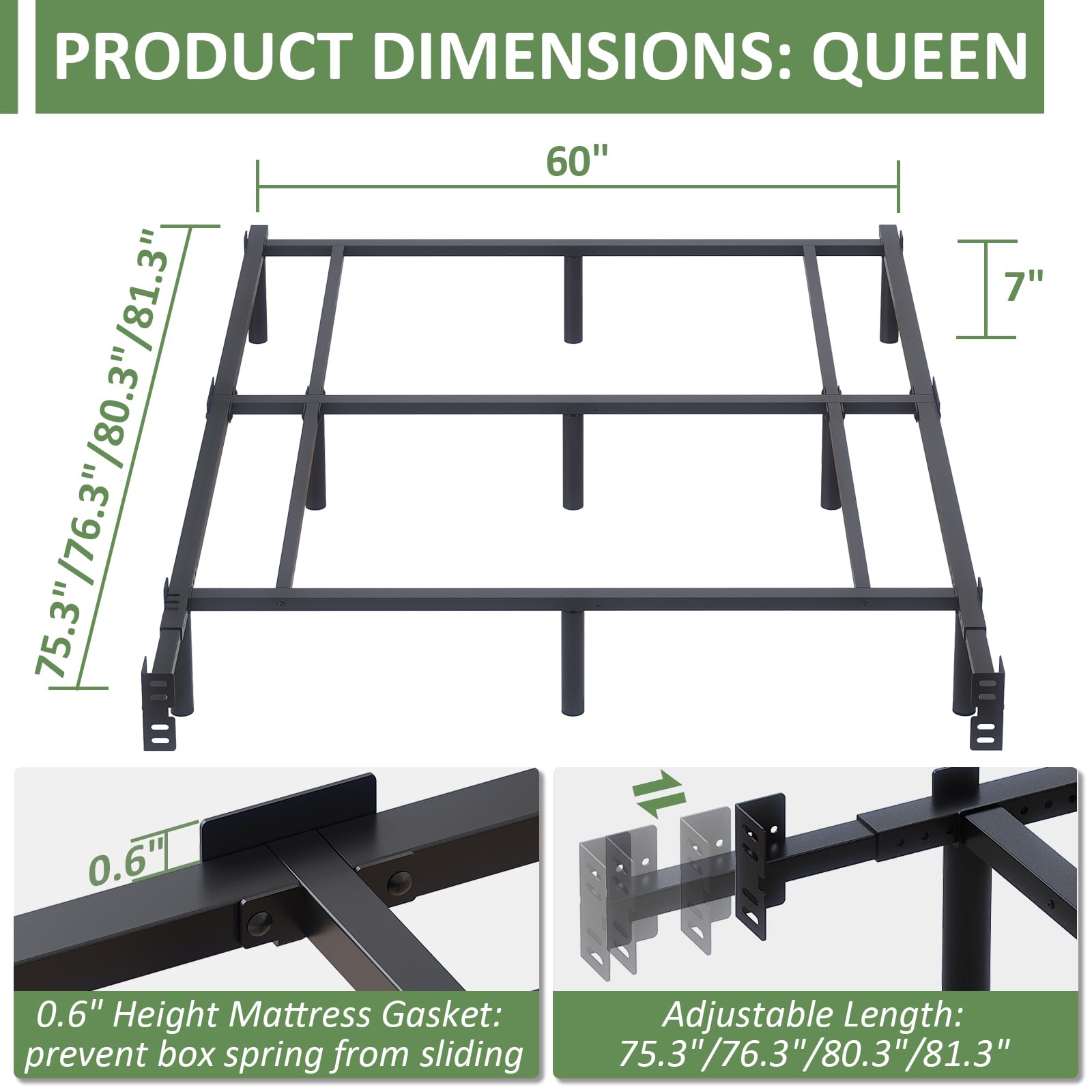 Marco de cama de metal Queen de 7 pulgadas, base de cama de plataforma baja y resistente, tamaño Queen para somier y colchón, fácil montaje, sin ruido, ajustable, color negro 2