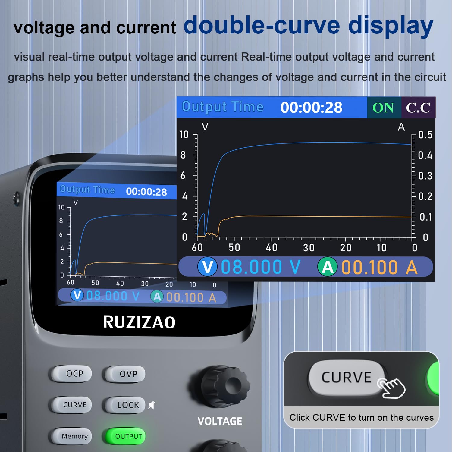 Alimentatore da laboratorio variabile 30 V 10 A, alimentatore da tavolo regolabile DC con grafico curvo, memoria, OCP/OVP, uscita, blocco, dispositivi di alimentazione da laboratorio con