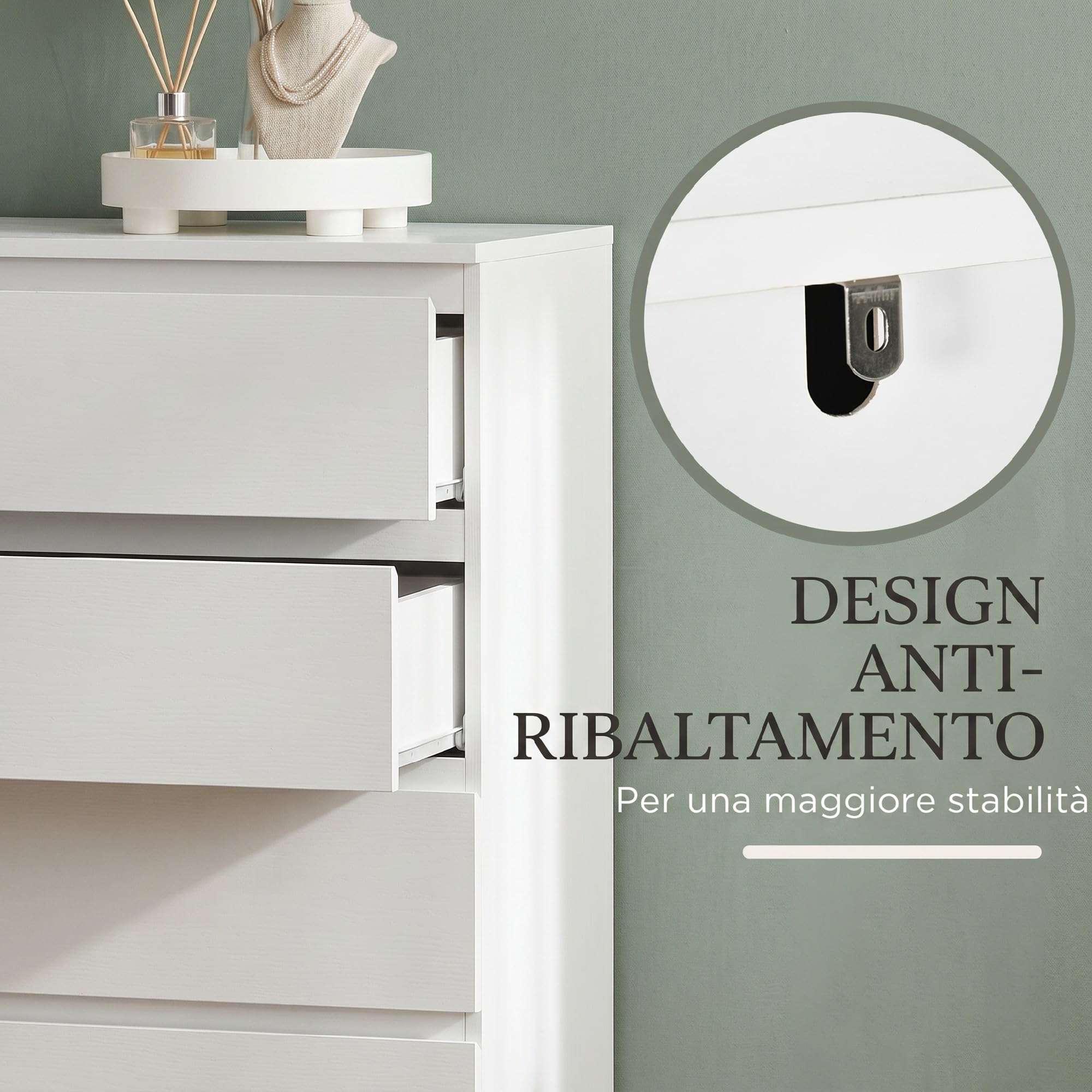 HOMCOM Cassettiera 6 Cassetti Design Antiribaltamento 80x39x115 cm Bianco | Mobile Contenitore, Legno Truciolato, Camera da Letto