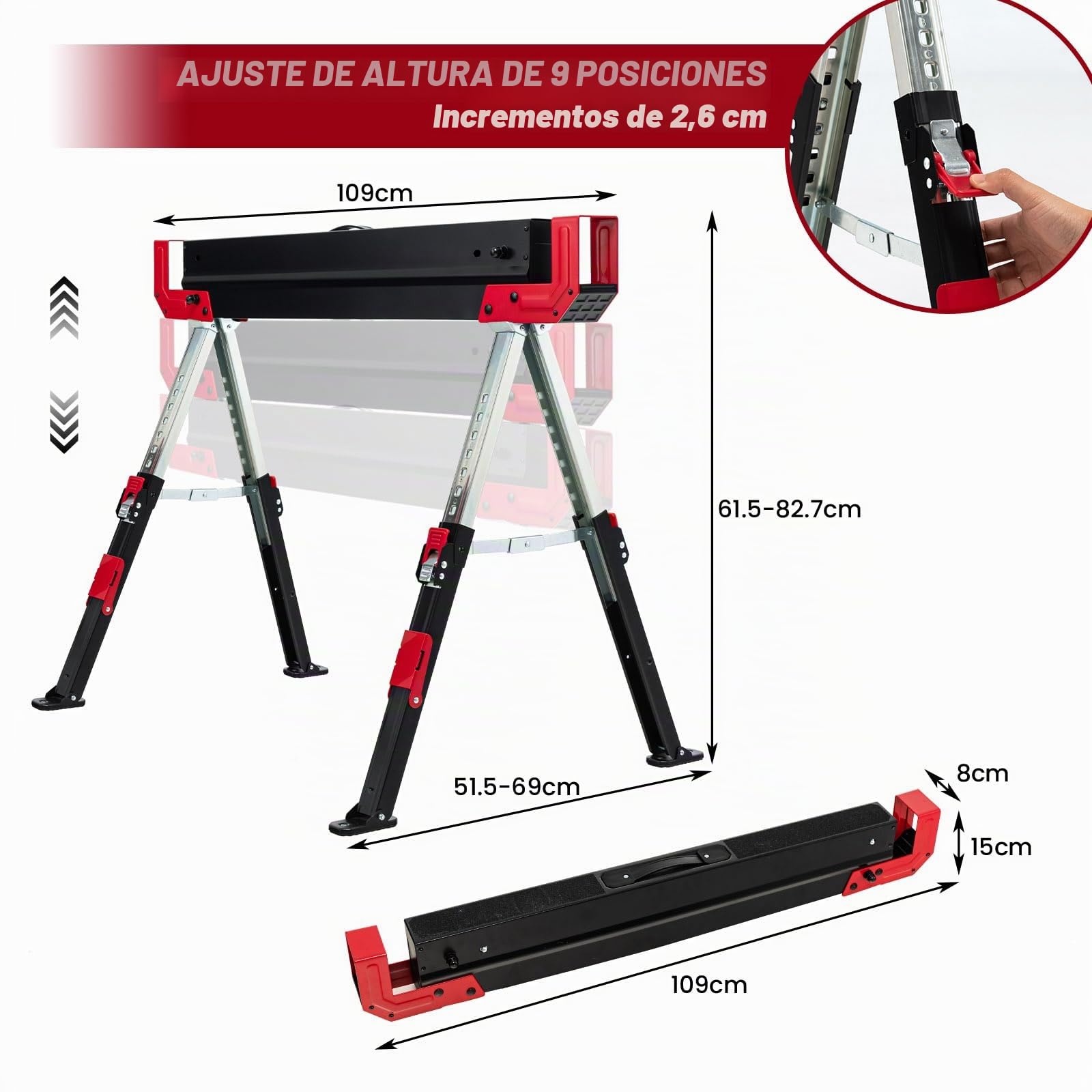 SOARS 2 caballetes de trabajo de altura regulable, caballete plegable máx. 1180 kg, con superficie de trabajo antideslizante, soportes plegables y asa, soporte para andamios, ayuda para sierra (rojo)
