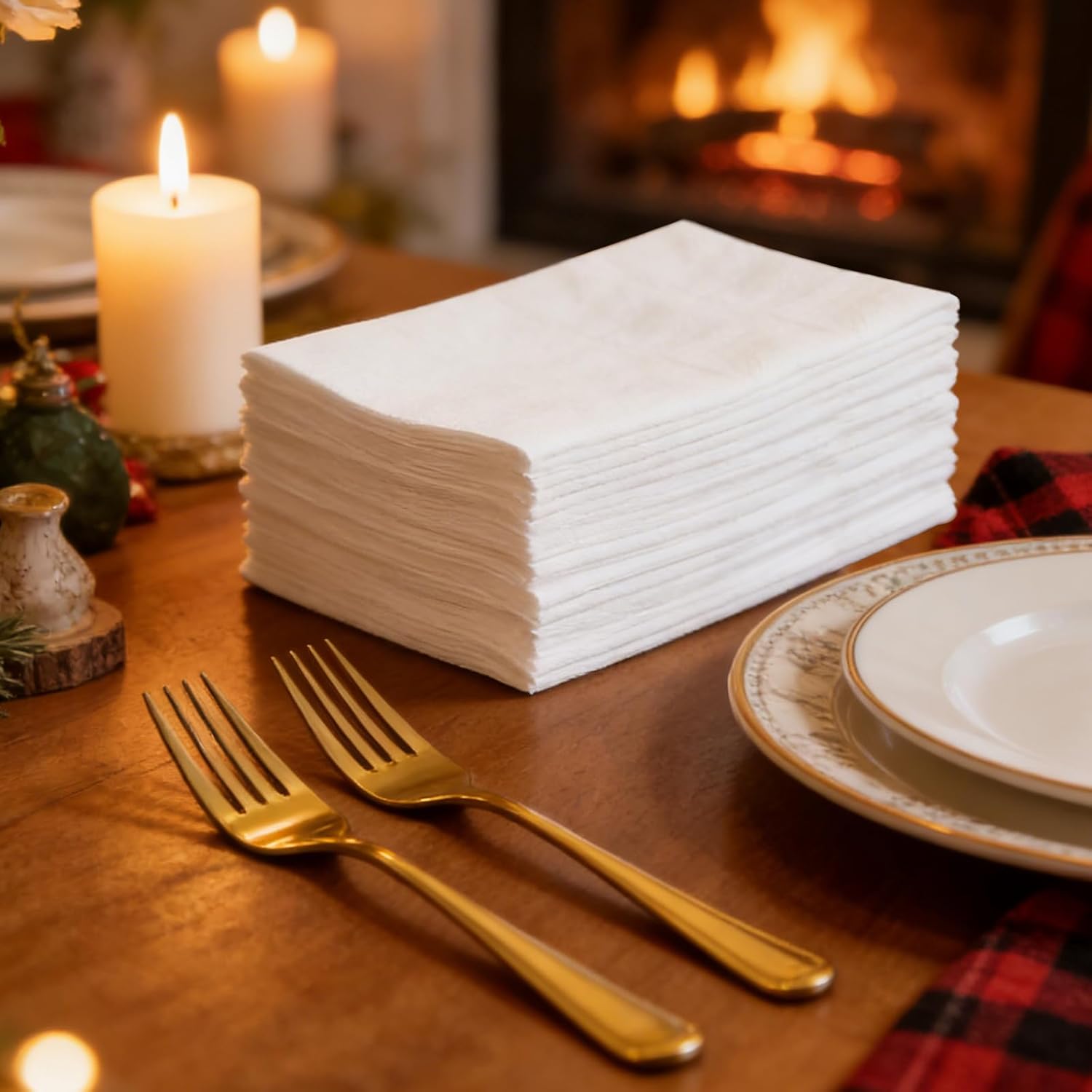 Disposable White Linen-Feel Dinner Napkins with Built-in Flatware Pocket, 25 Sets Pre-folded Paper Napkins and Knife Fork Spoon, All-in-One Place Setting for Party, Picnic, Wedding (White)