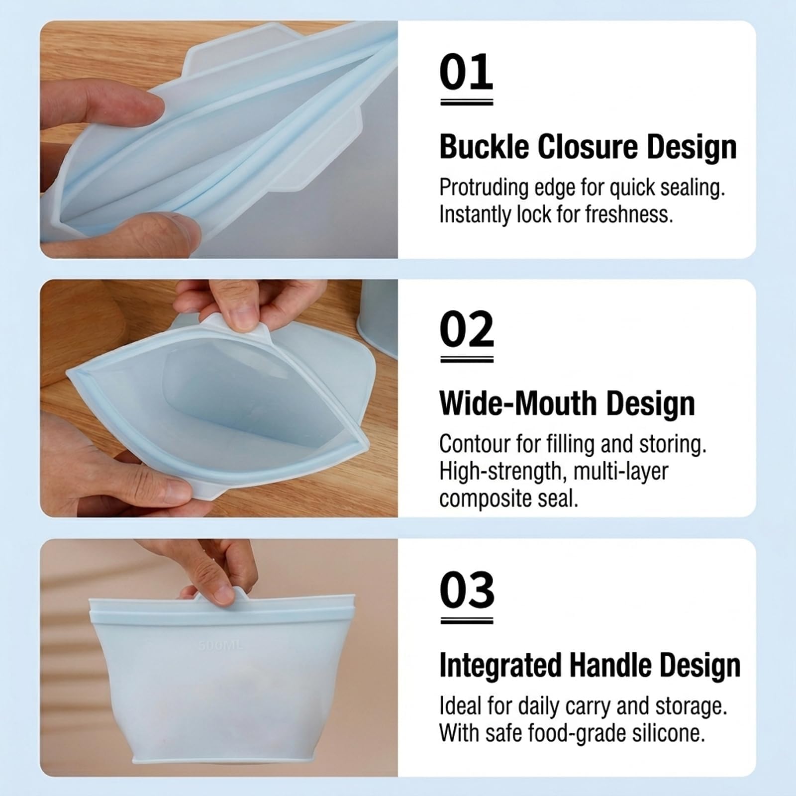 Sacchetti per alimenti in silicone, 3 pezzi, riutilizzabili, per microonde e congelatore, comodi da usare, design ecologico