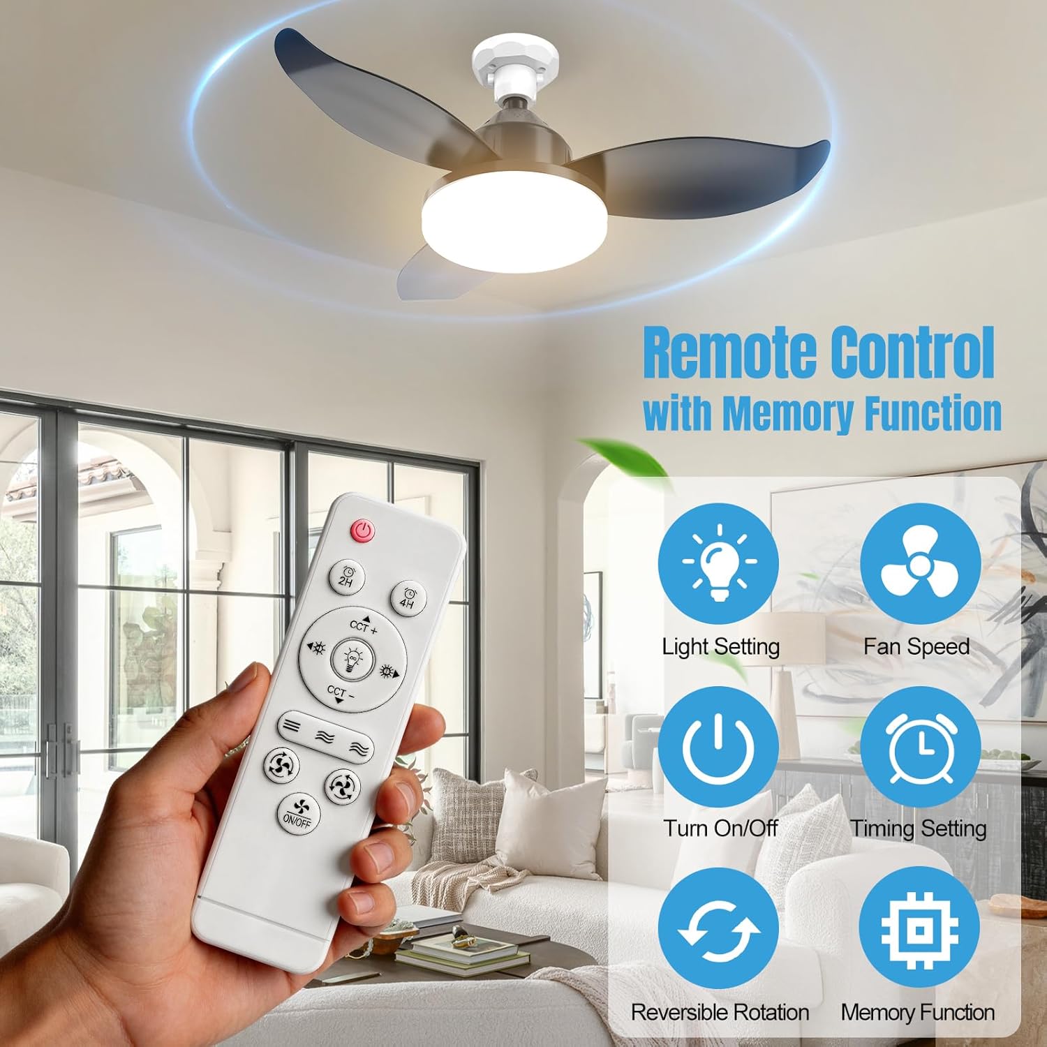 25" Socket Fan Light with Remote, E26/E27 Flower Shape Light Bulb Fan with Reversible Motor, 3000 Lumens Small Ceiling Fans with Lights, Dimmable 3000K-6500K for Bedroom Kitchen Hallway Garage