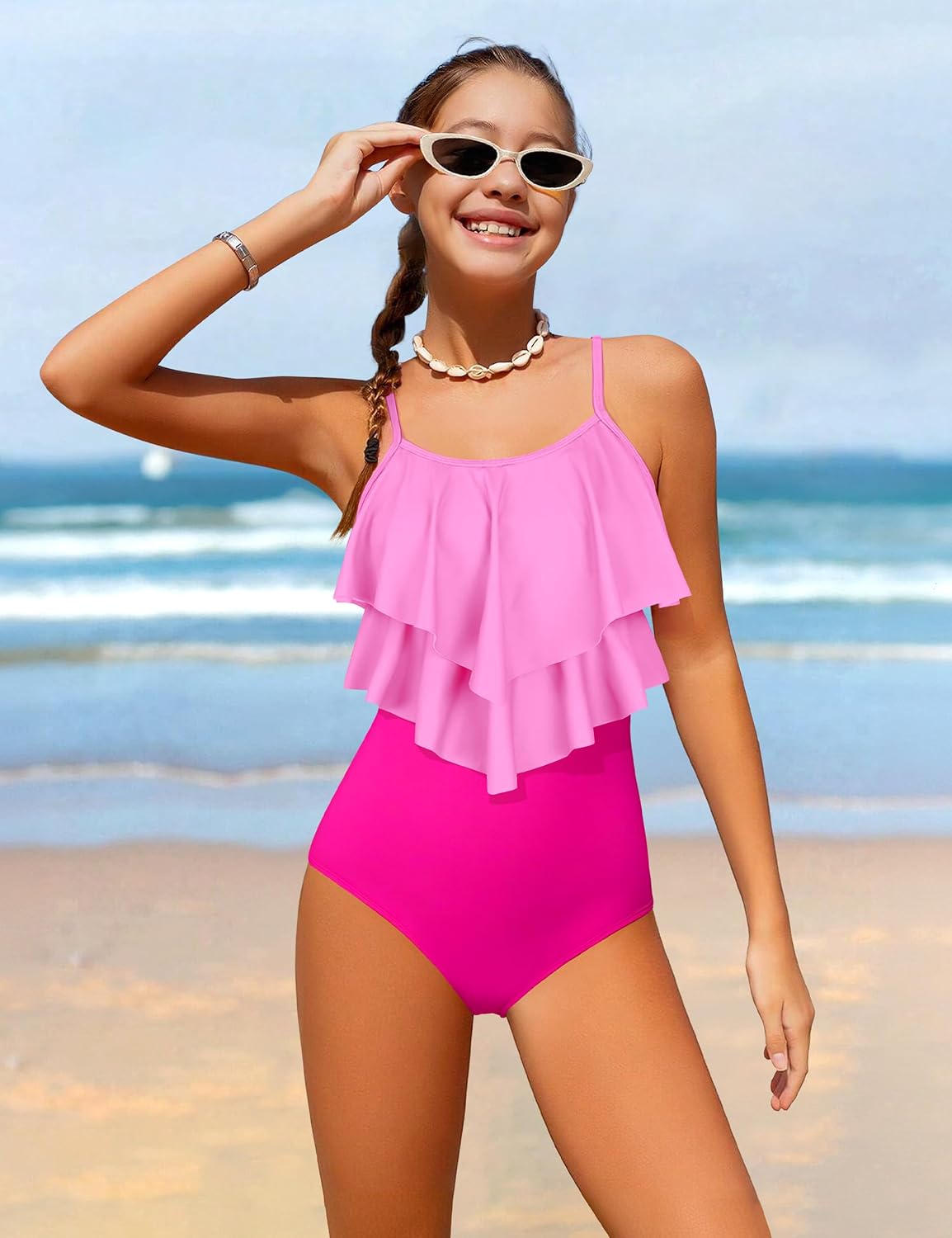 Girls Swimsuit Color Block One Piece Swimsuit 2-Tiered Ruffle Bathing Suit Adjustable Strap Girls' Swimwear 7-16Y - Image 2