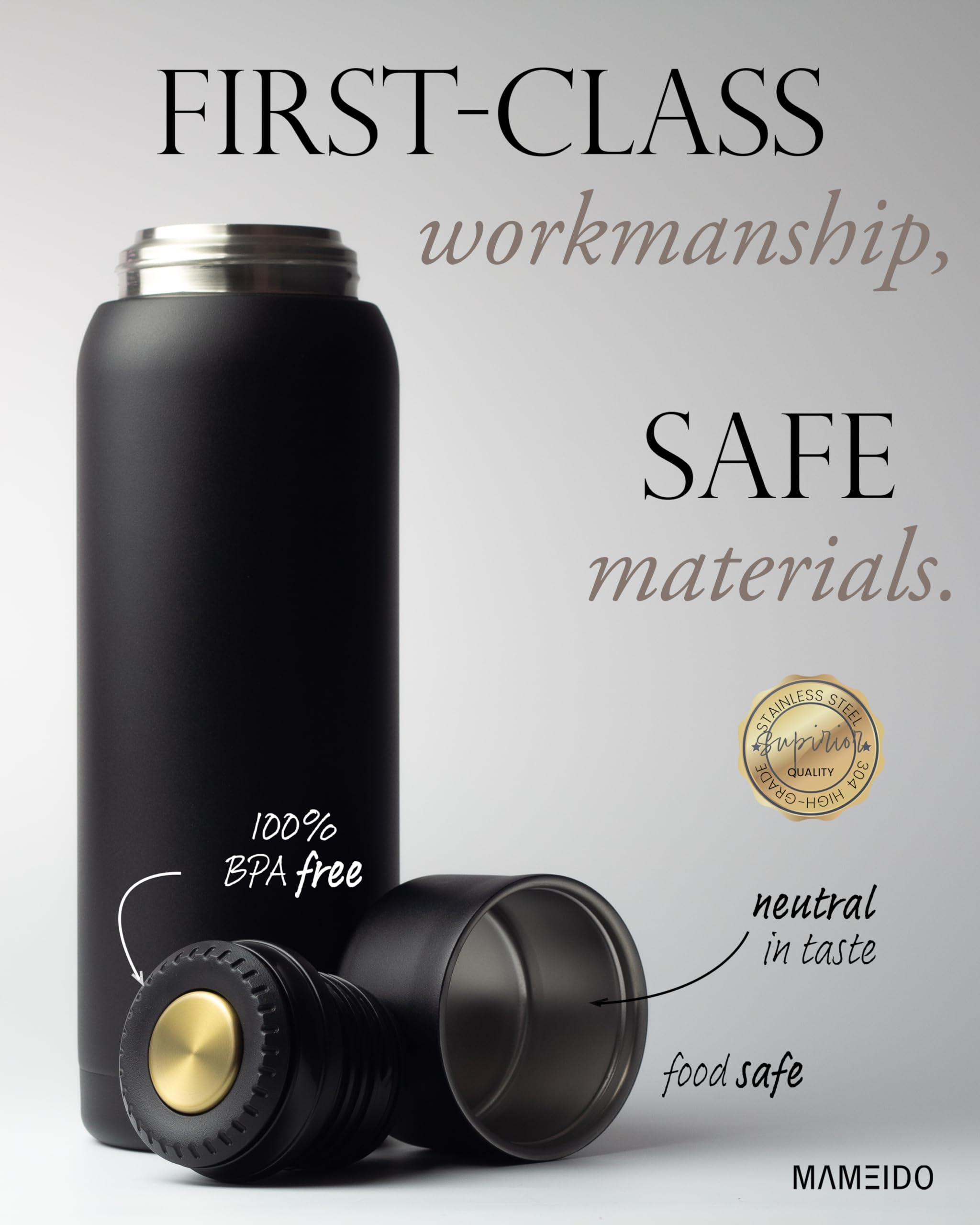 MAMEIDO Thermos Flask 1 Litre with Stainless Steel Mug, Insulated Jug Hot for up to 12 Hours, Leak-Proof Thermos Flasks, BPA-Free, Coffee & Tea on the Go (Rich Black)