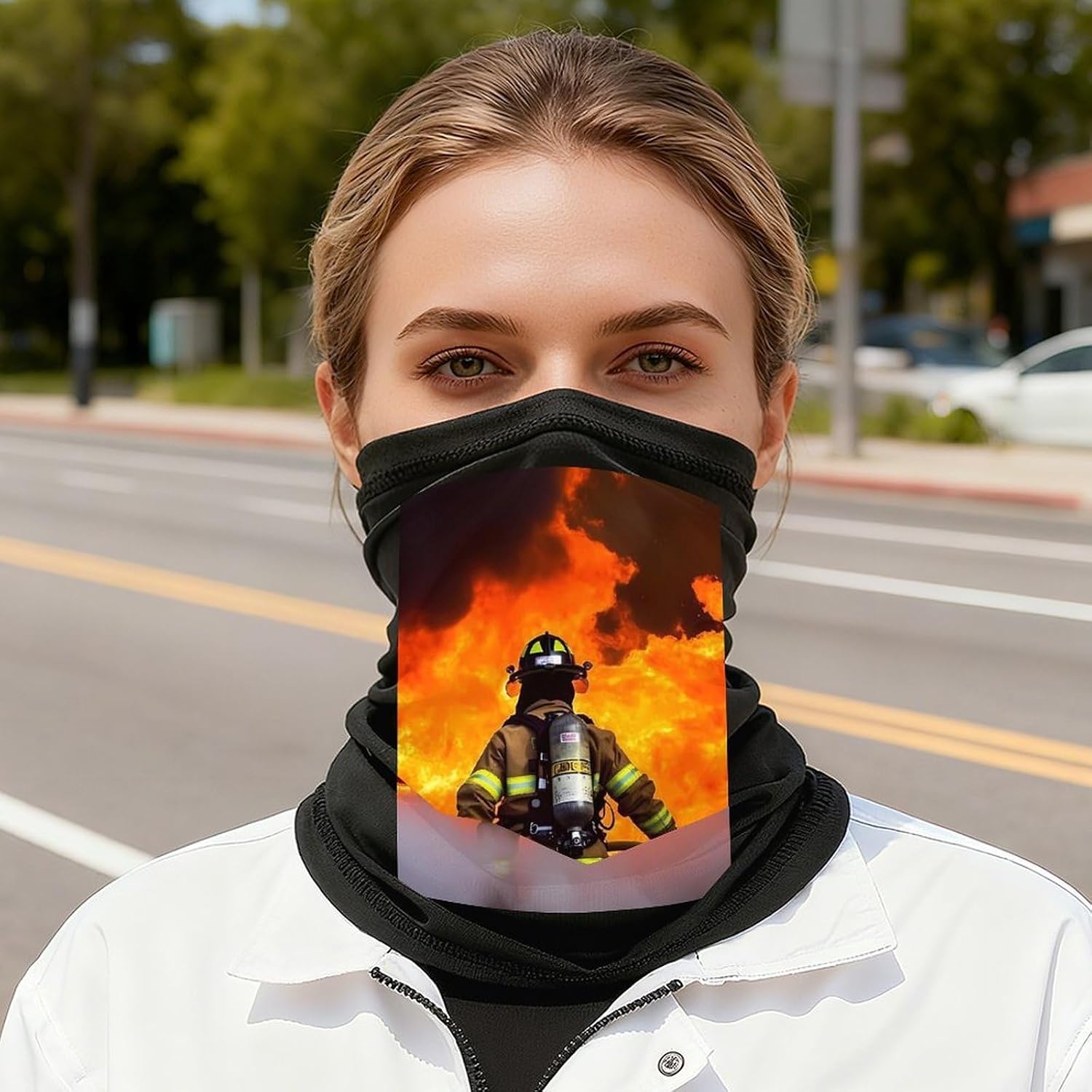 Firefighter Fireman Flame Neck Gaiter Face Mask UV Protection for Men Women, Breathable Quick Dry Face Cover Bandana Outdoor Sports Balaclava Wind-Proof for Hiking Skiing Motorcycle Cycling